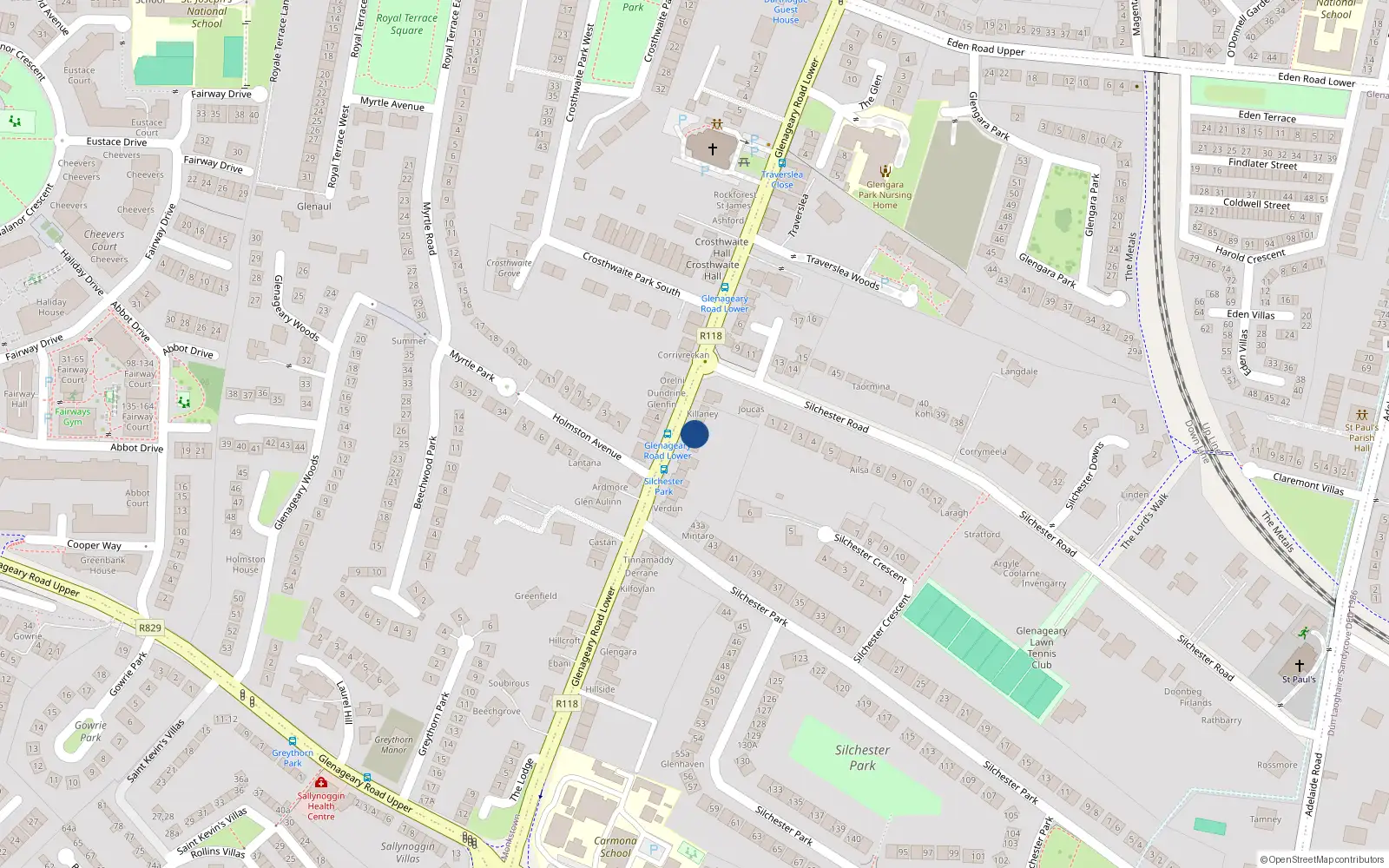 Overhead map showing the location of Glenageary Road Lower, Glenageary