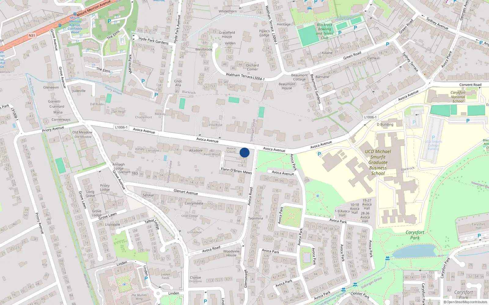 Overhead map showing the location of 1 Avoca Road, Dublin 1