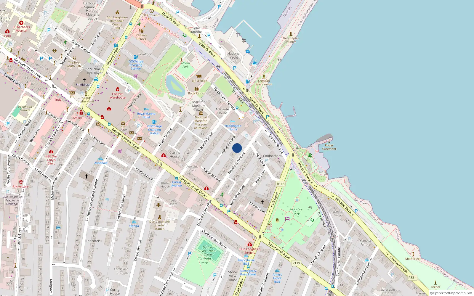 Overhead map showing the location of Hall Floor Apartment, 10 Mellifont Avenue, Dun Laoghaire