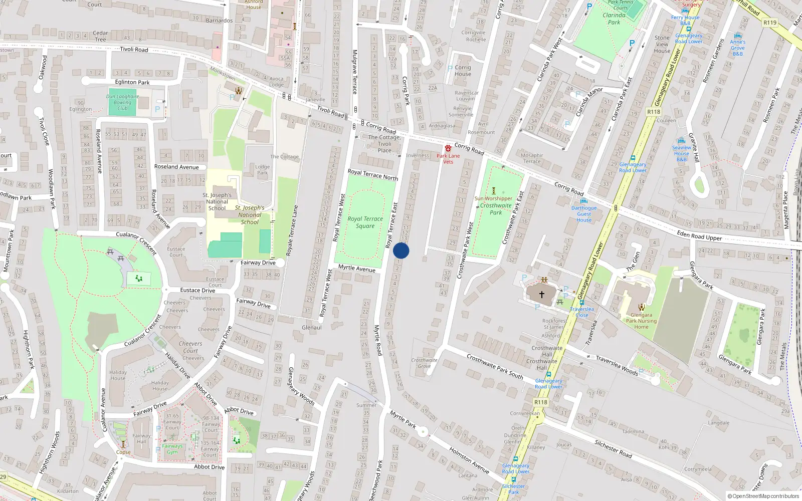 Overhead map showing the location of Hall Floor Apt, 15 Royal Terrace East, Dun Laoghaire