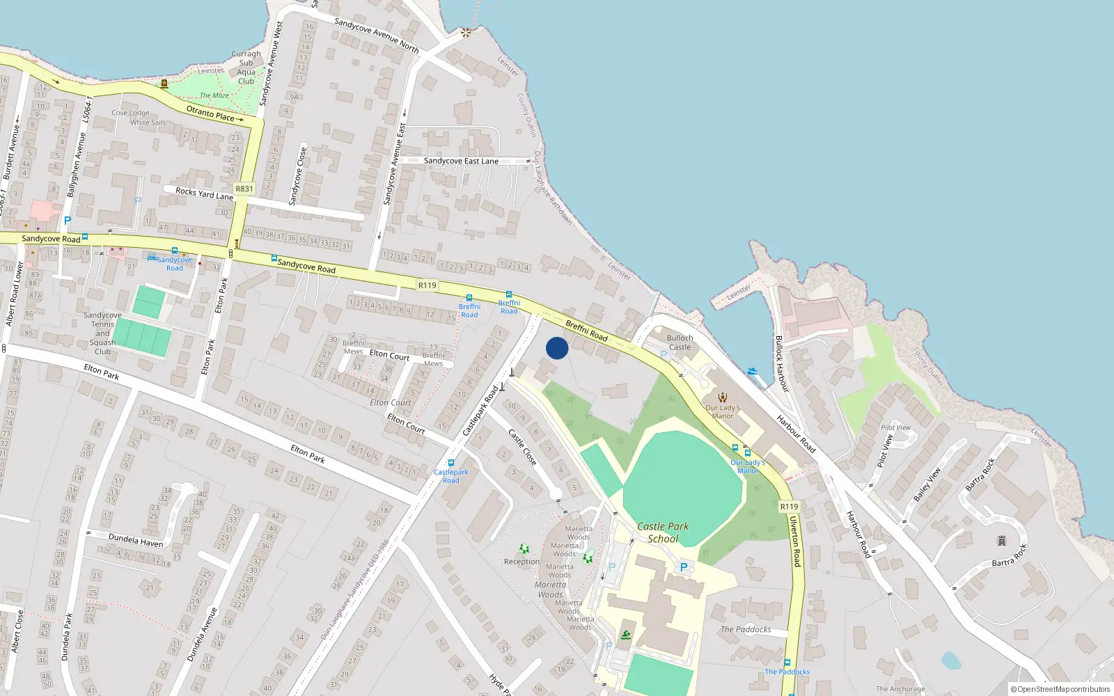 Overhead map showing the location of Castle Park Road, Sandycove