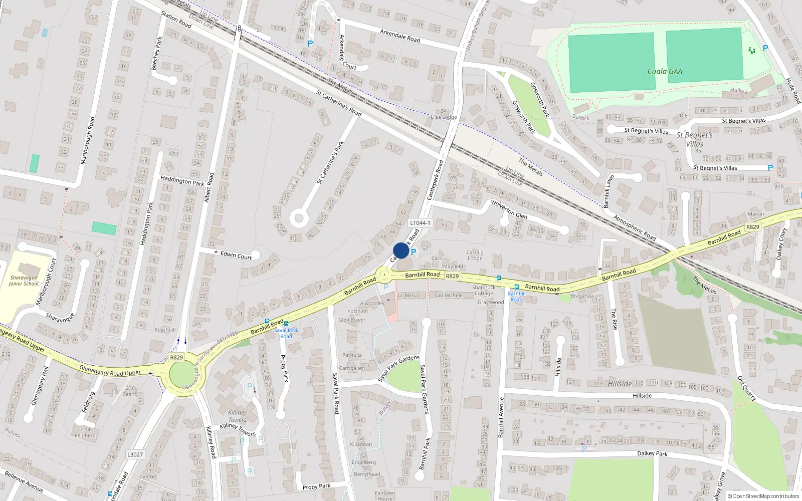 Overhead map showing the location of Castle Park Road, Dalkey
