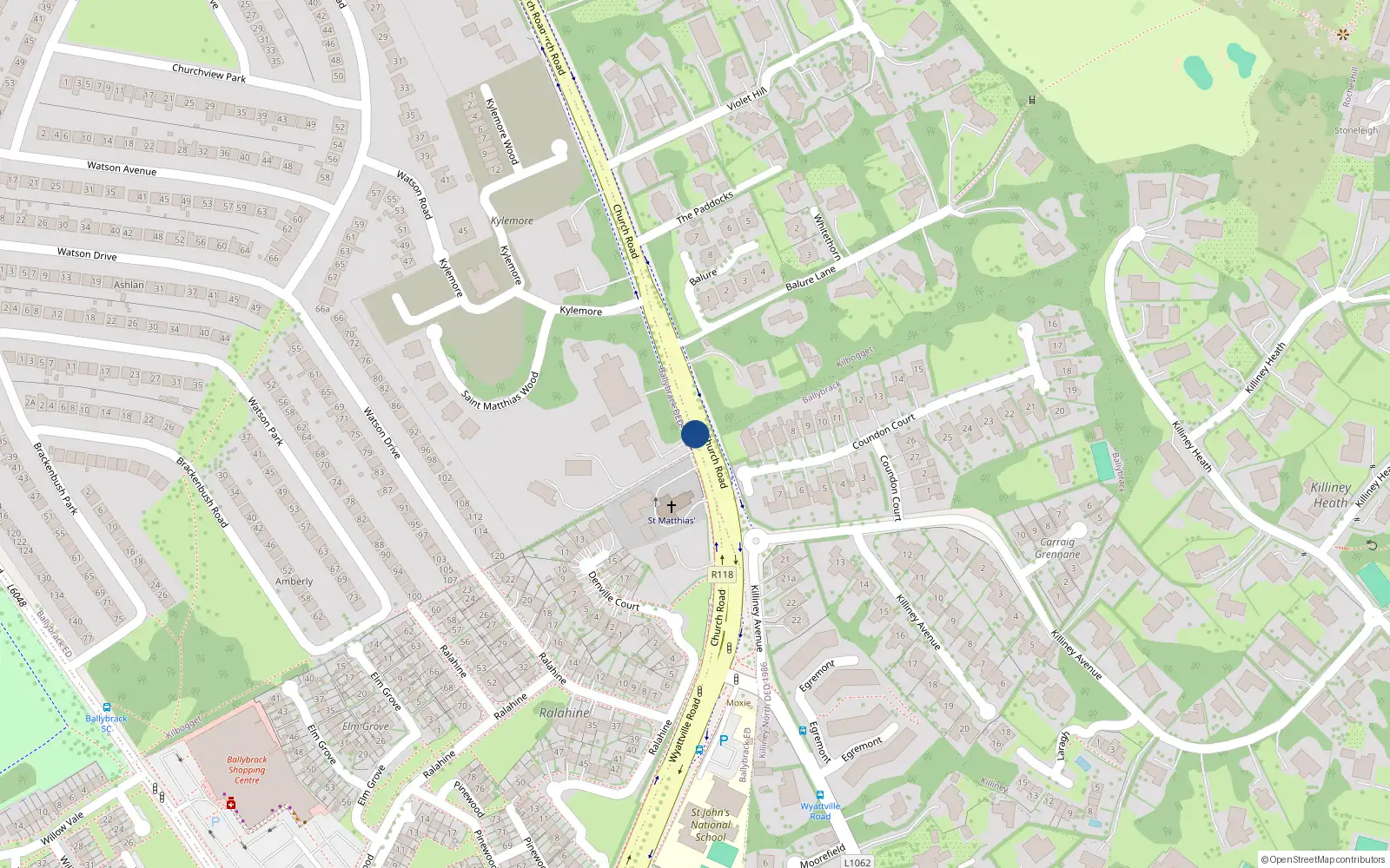 Overhead map showing the location of Church Road, Killiney