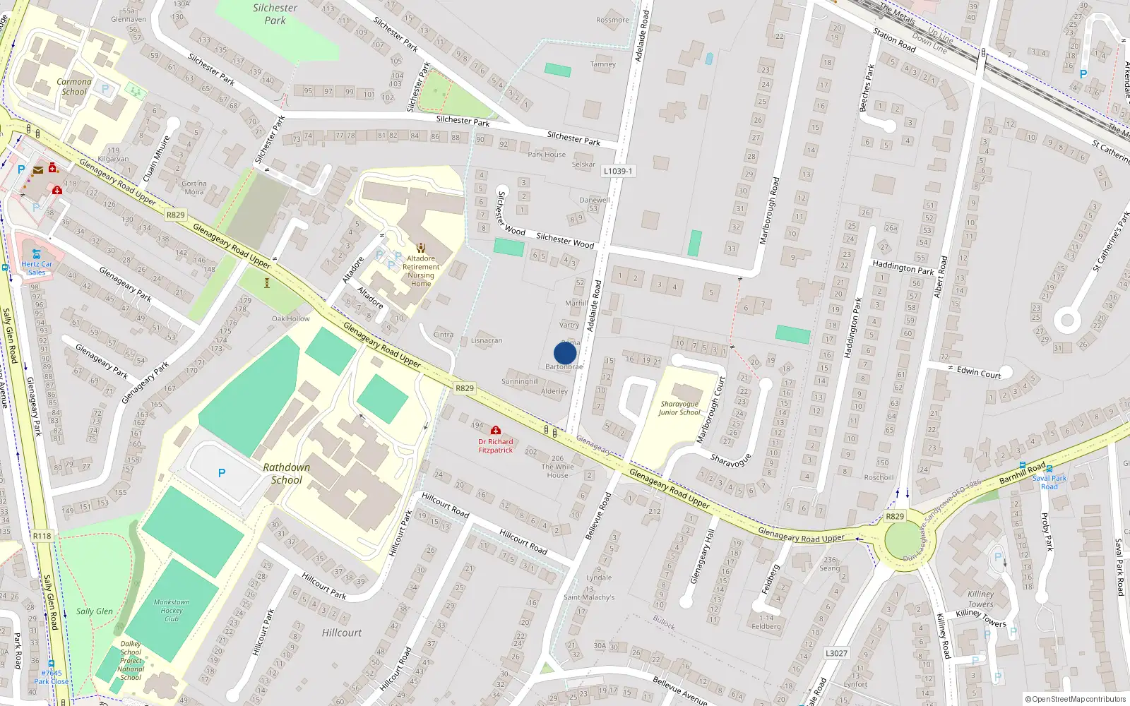Overhead map showing the location of Adelaide Road, Glenageary