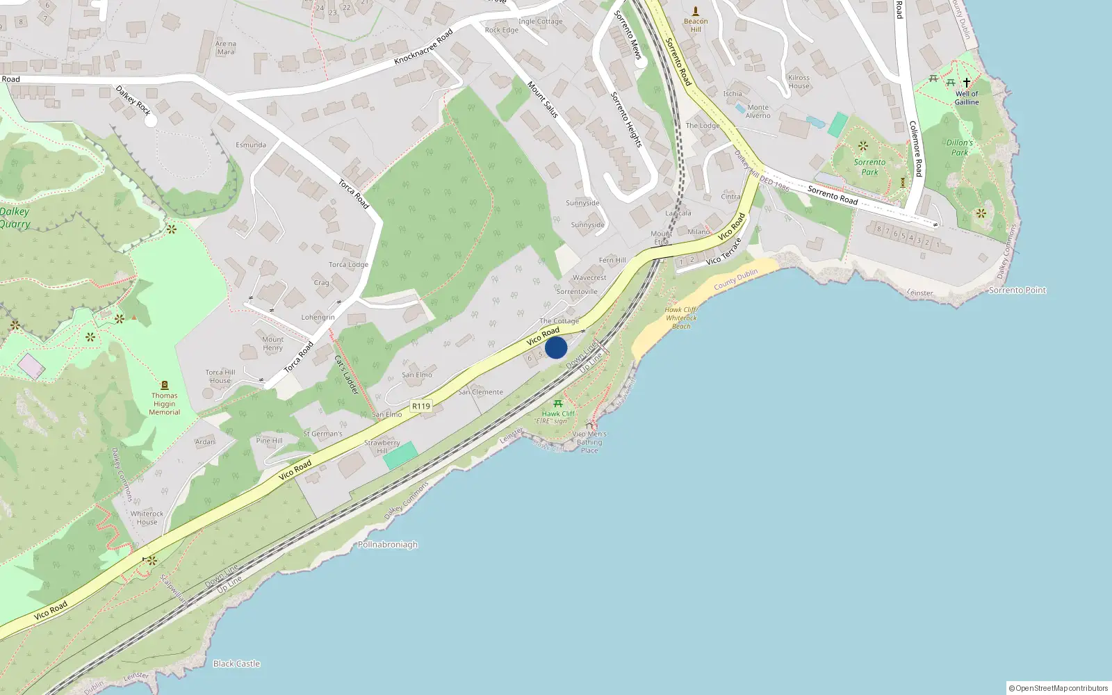 Overhead map showing the location of Vico Road, Killiney