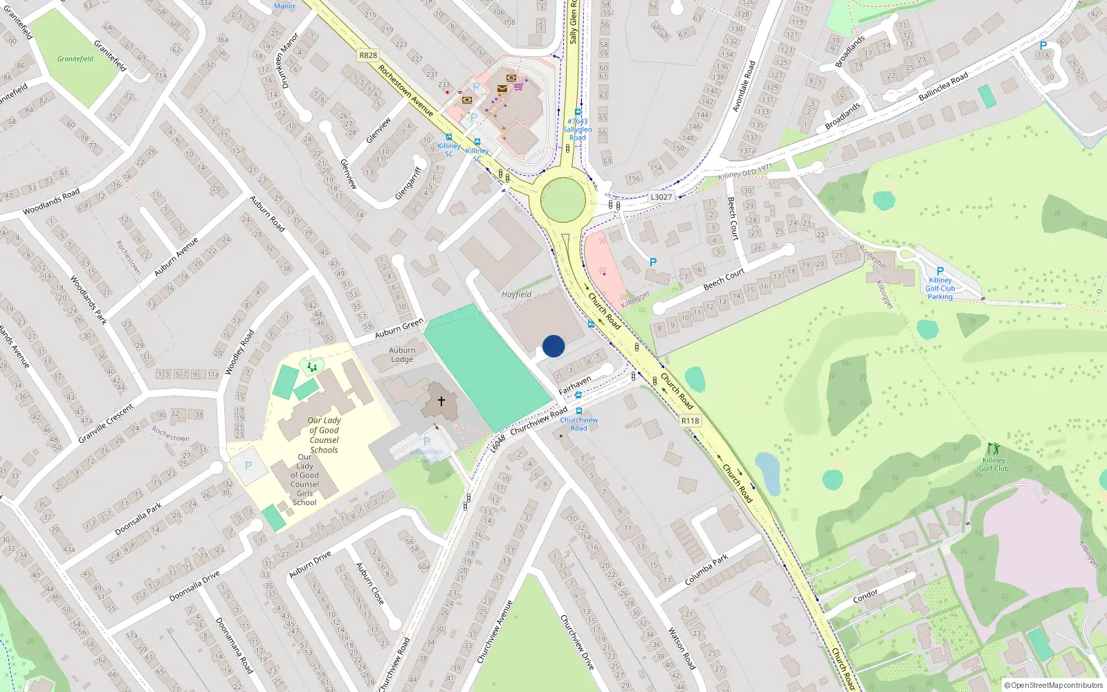 Overhead map showing the location of Church Road, Killiney