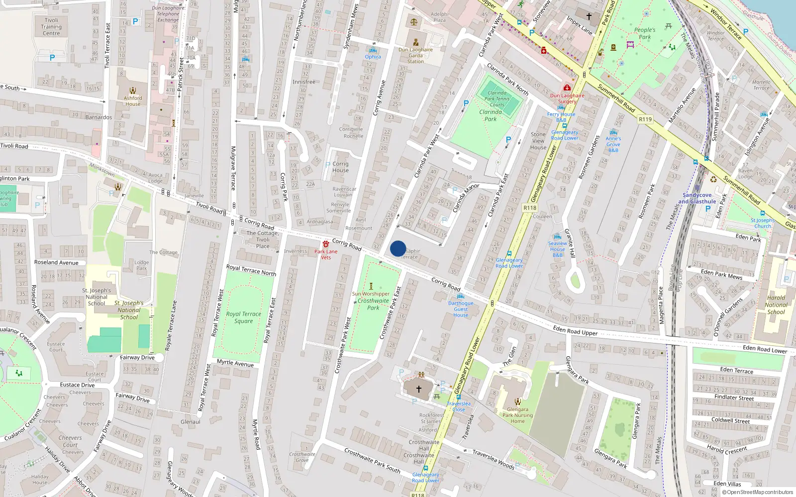 Overhead map showing the location of Corrig Road, Dun Laoghaire