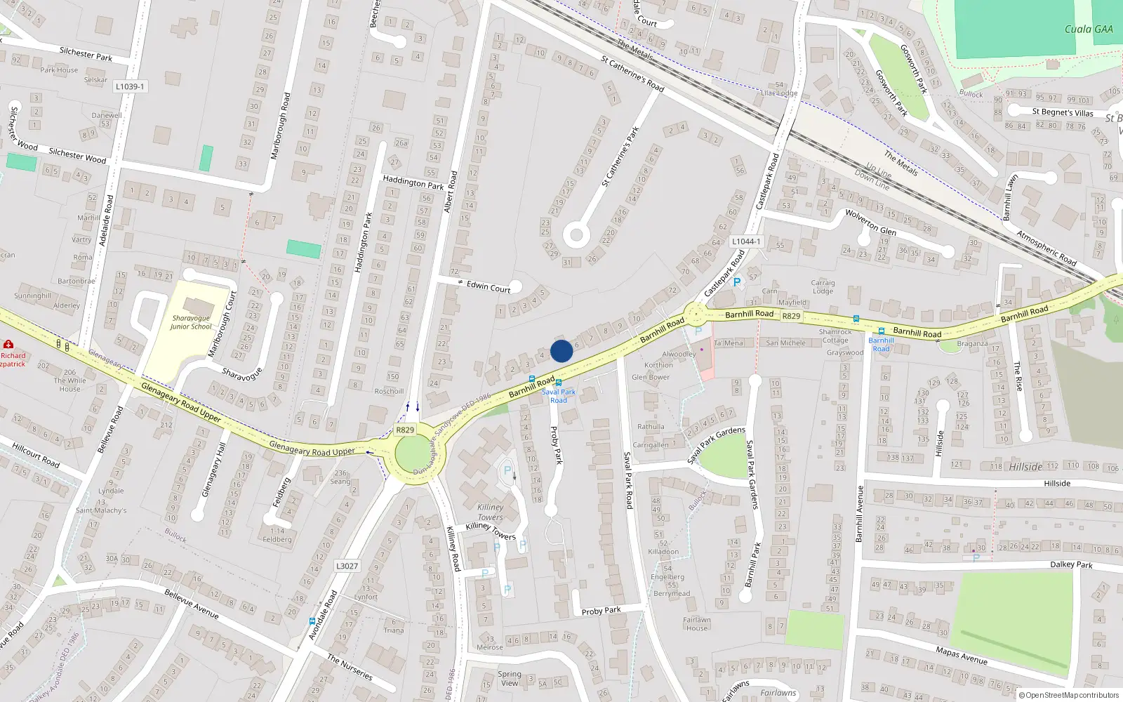 Overhead map showing the location of Heatherfield Lodge, 5 Barnhill Road, Dalkey