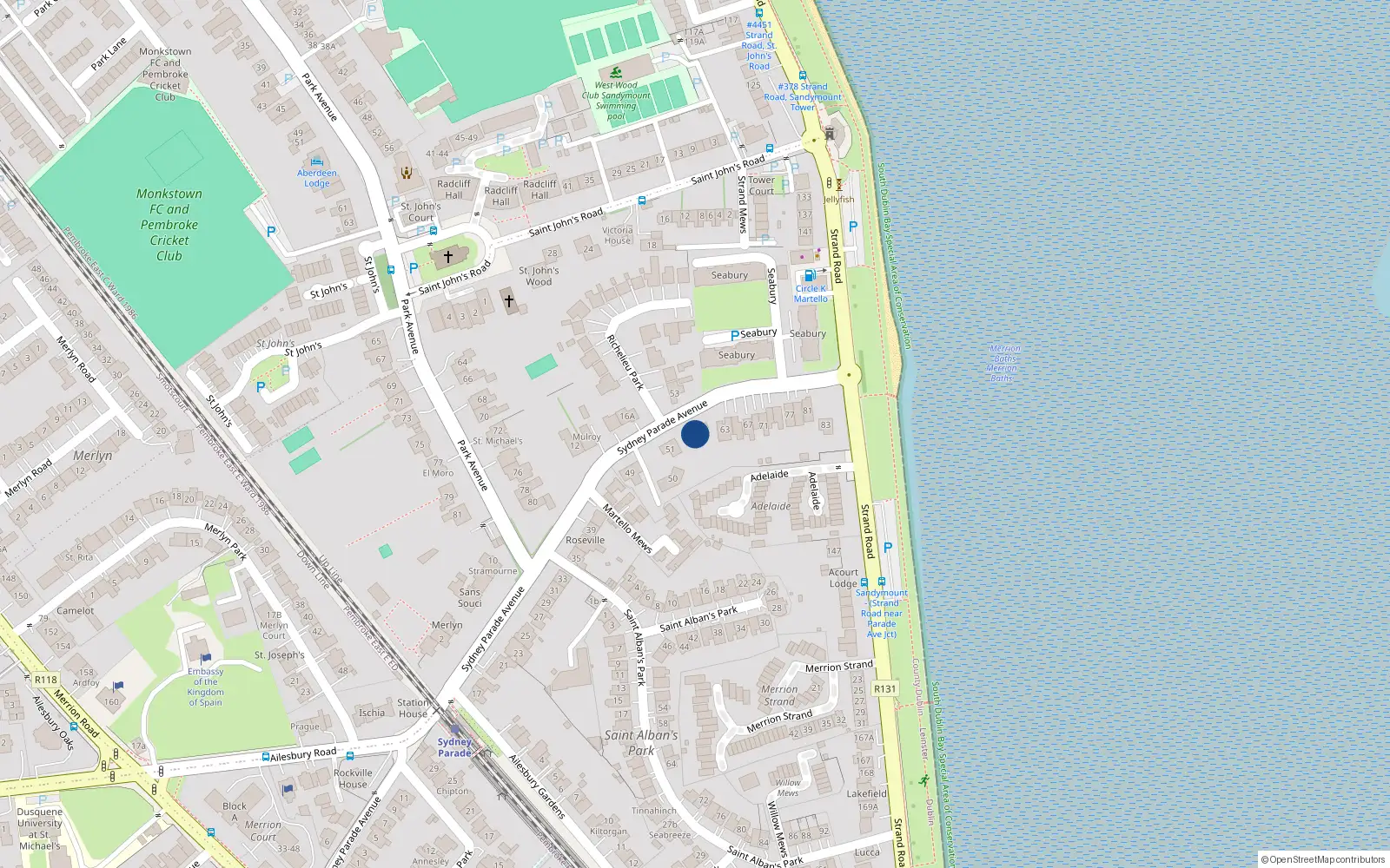 Overhead map showing the location of 53 Sydney Parade Avenue, Sandymount Dublin 4