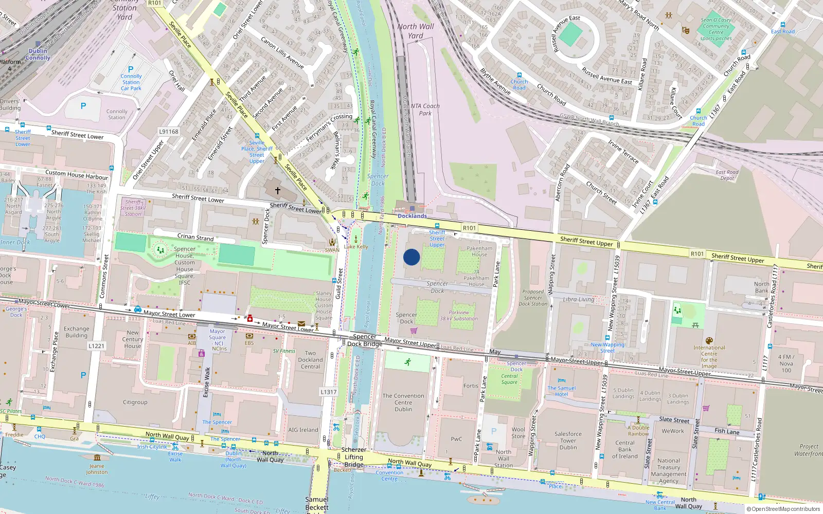 Overhead map showing the location of Hill of Down, Spencer Dock, Dublin 1, D01 Vw50