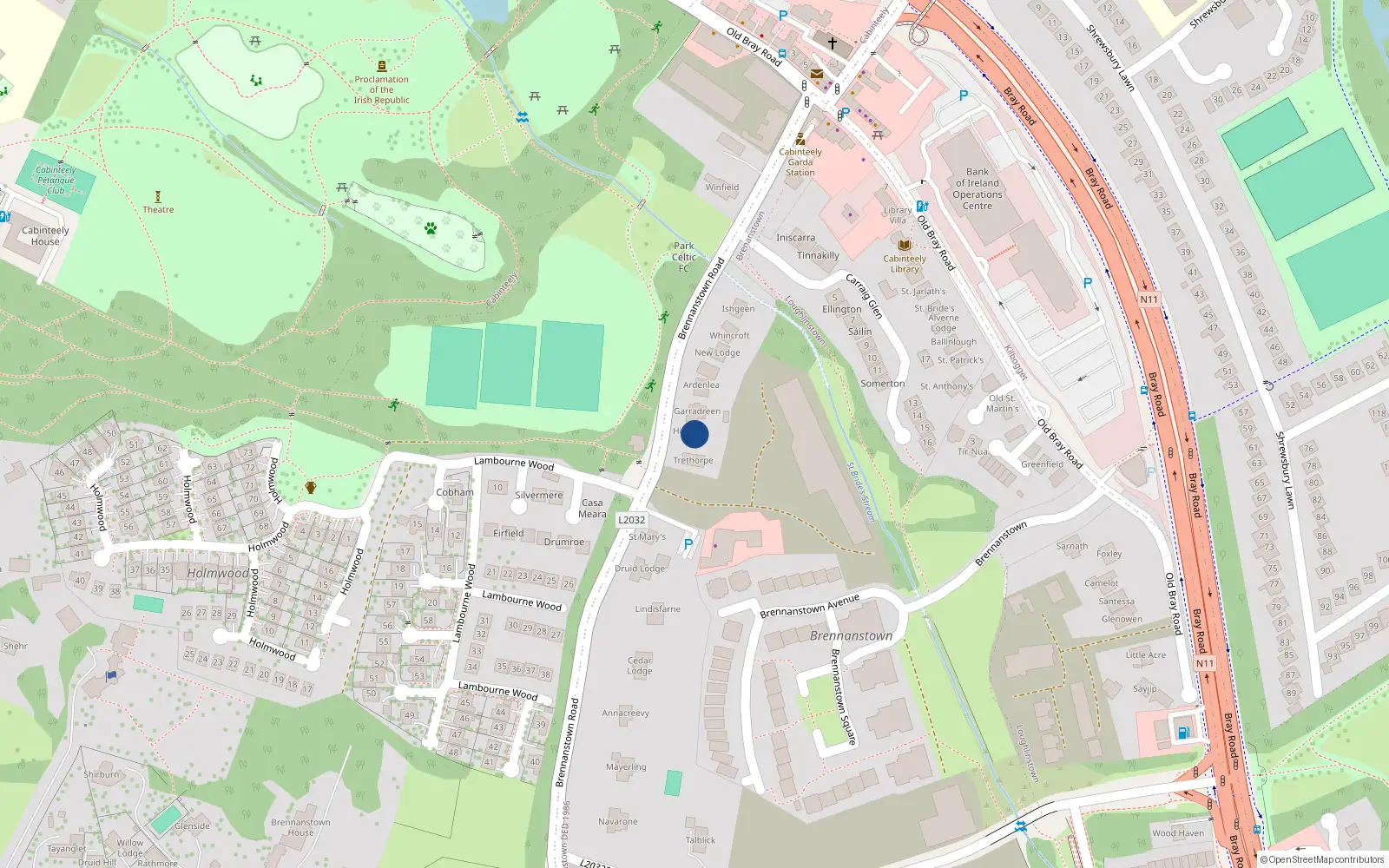 Overhead map showing the location of Brennanstown Road, Cabinteely