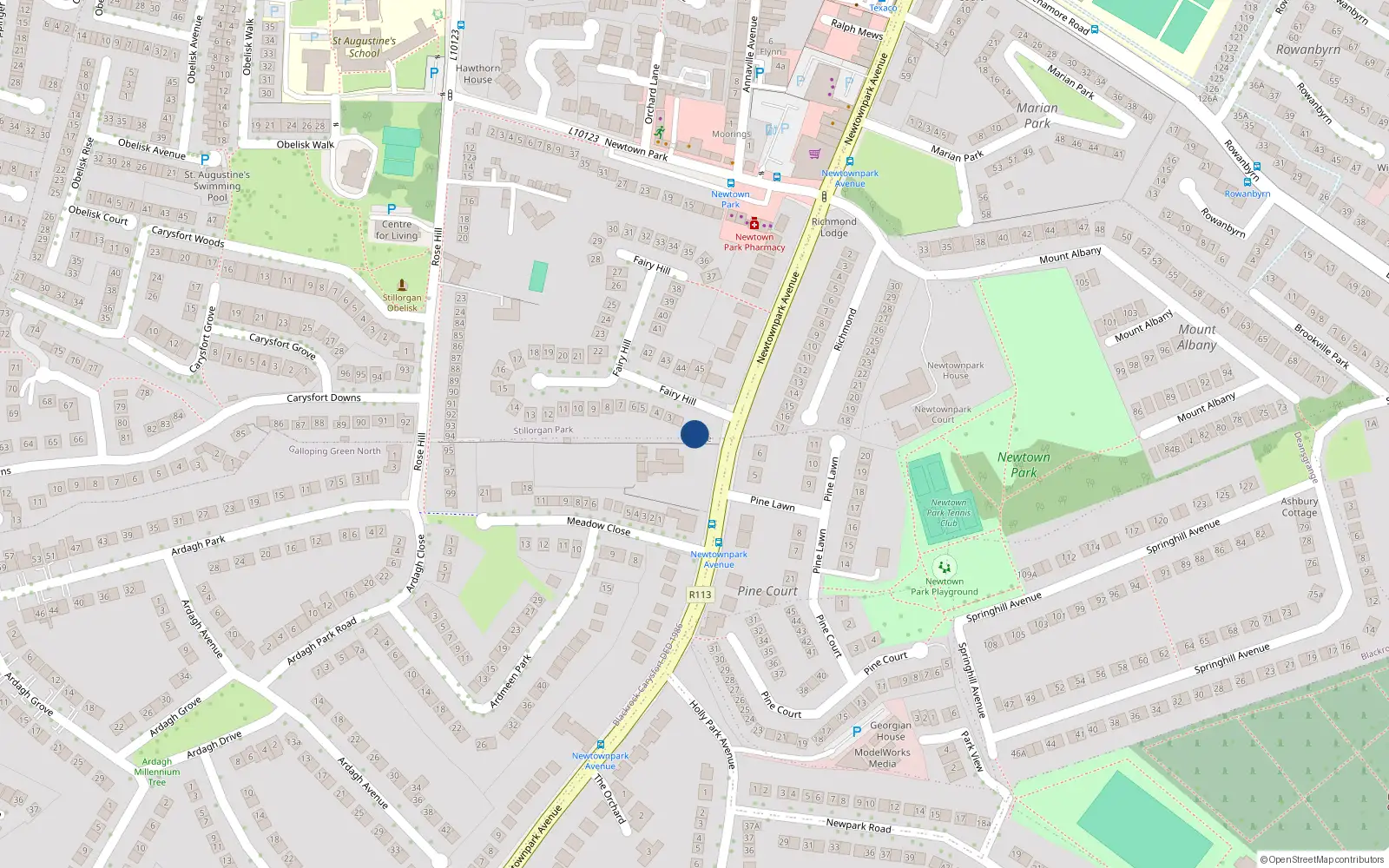 Overhead map showing the location of Hillside, 1 Fairyhill, Blackrock