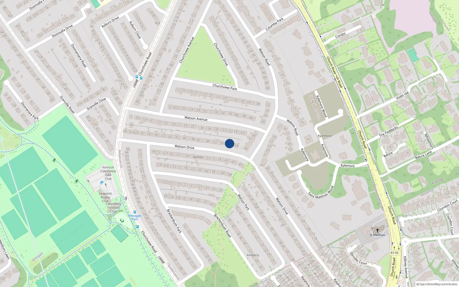 Overhead map showing the location of 60 Watson Drive, Killiney