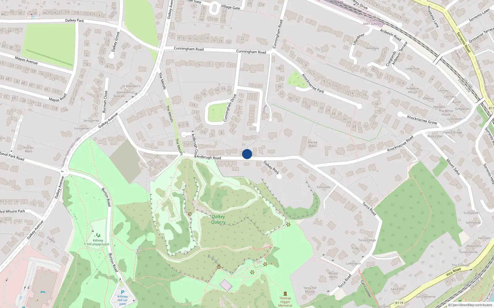 Overhead map showing the location of Ardbrugh Road, Dalkey