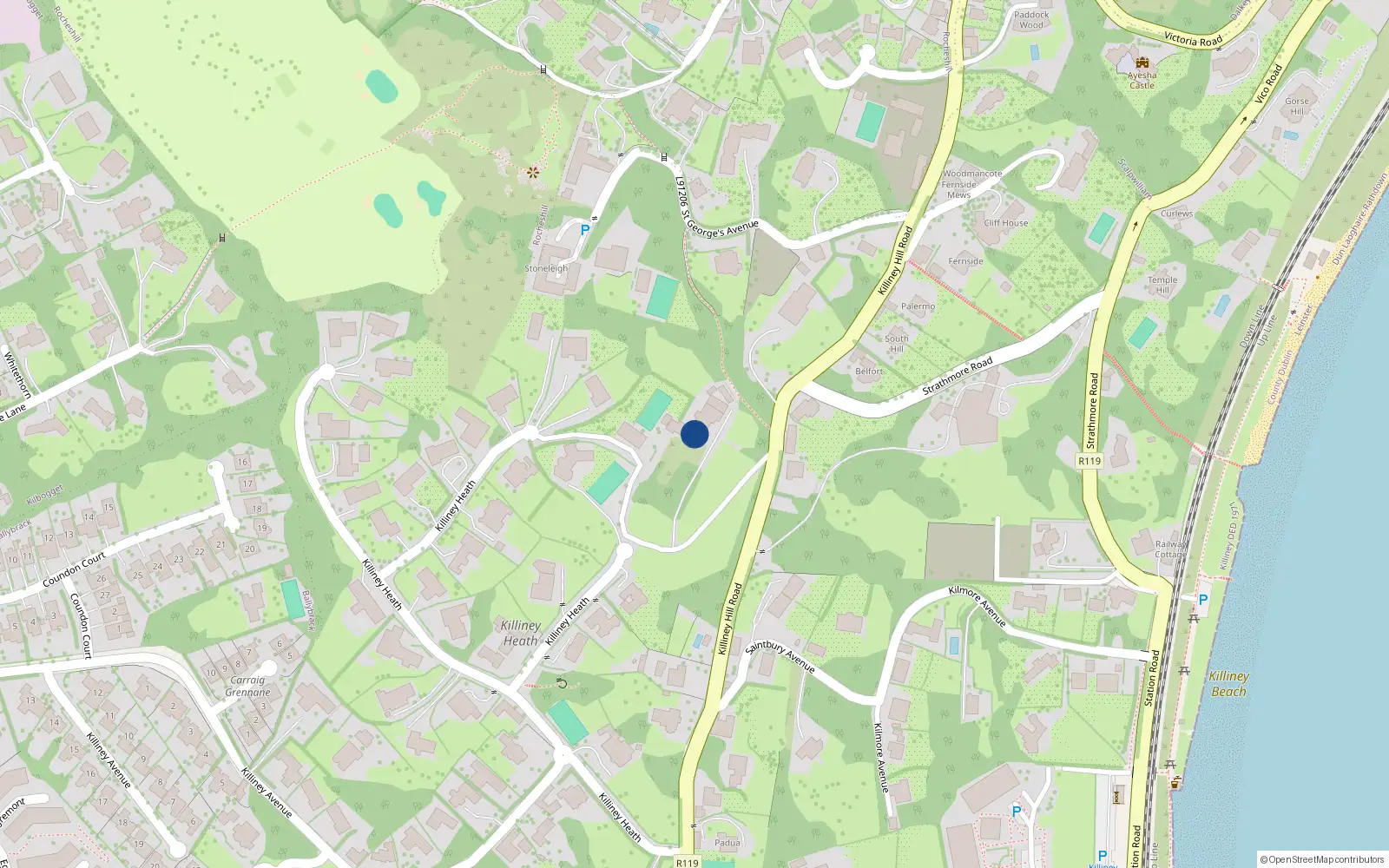 Overhead map showing the location of Killiney Hill Road, Killiney