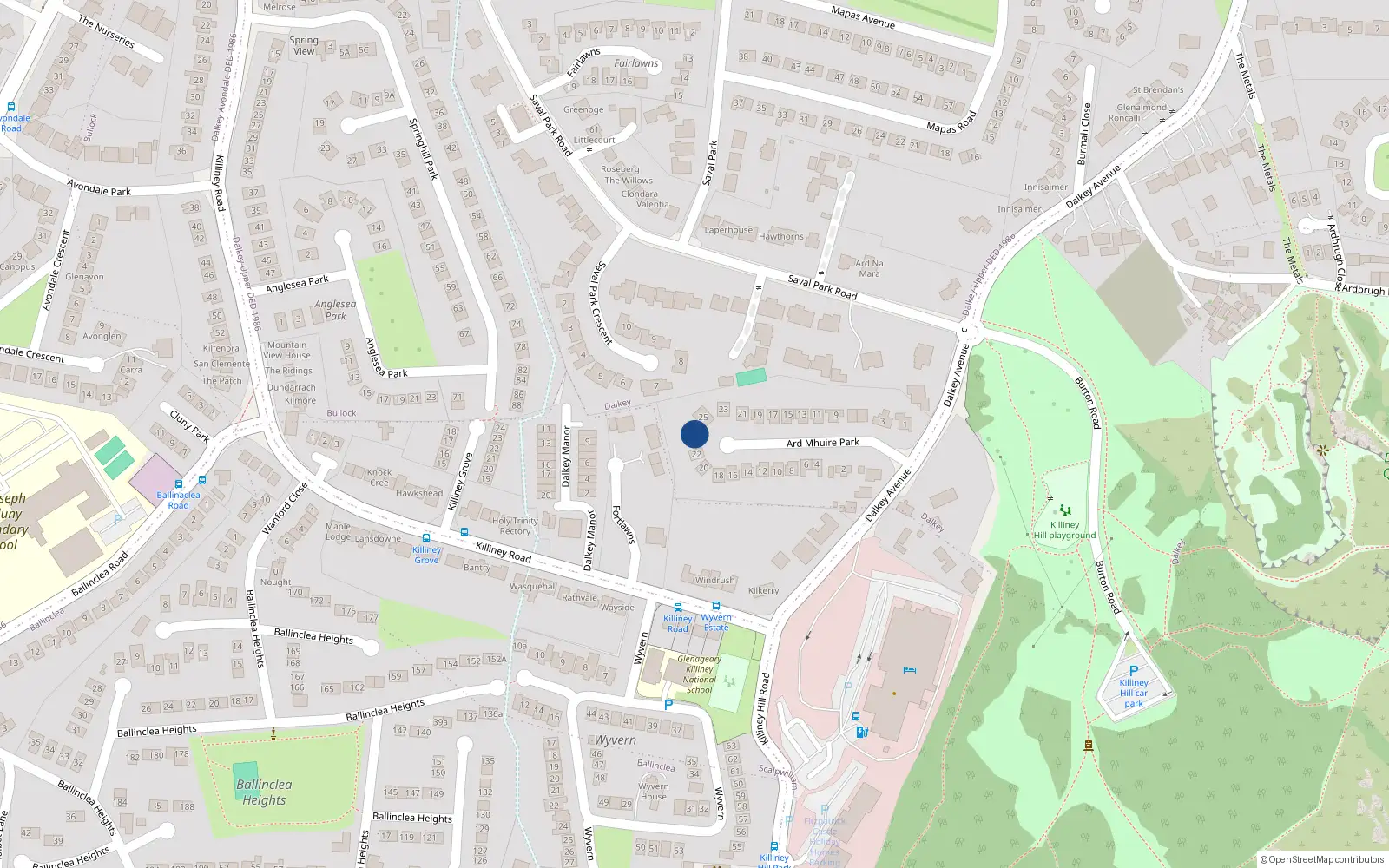 Overhead map showing the location of Árd Mhuire Park, Dalkey