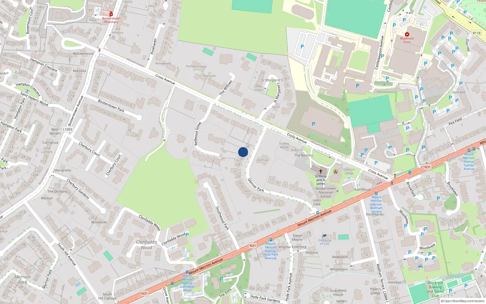 Overhead map showing the location of 28 Glenvar Park, Blackrock