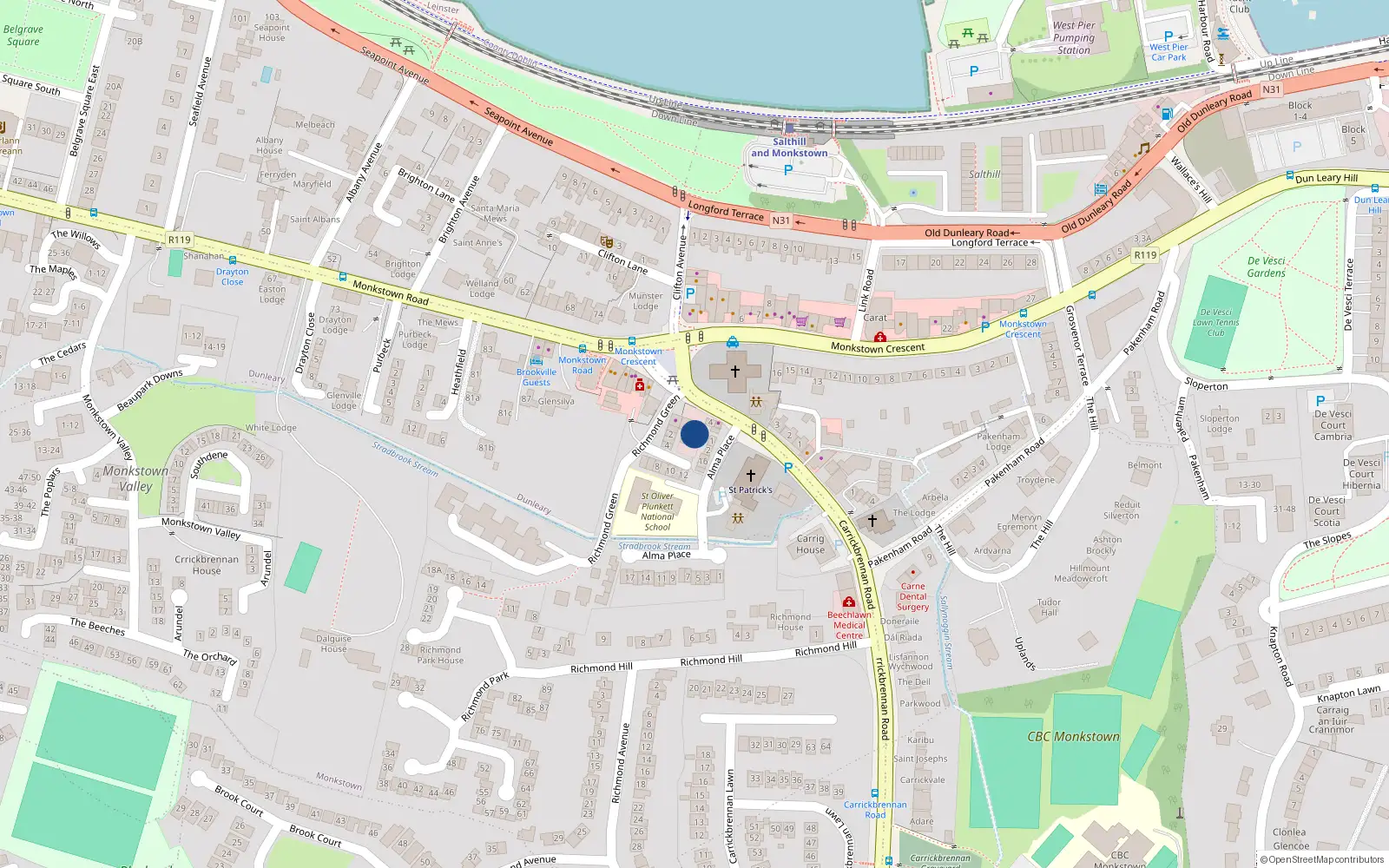 Overhead map showing the location of Hollyville, 3 Carrickbrennan Road, Monkstown