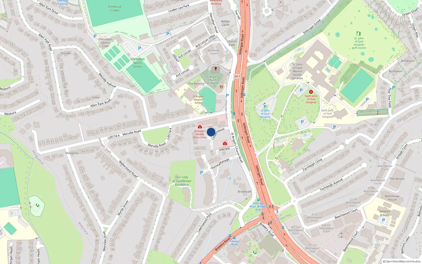 Overhead map showing the location of Saint Brigid's Church Road, Stillorgan