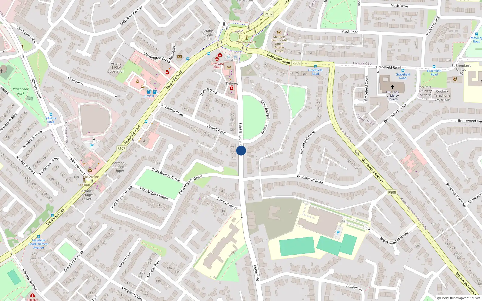 Overhead map showing the location of Saint Brigid's Road, Killester