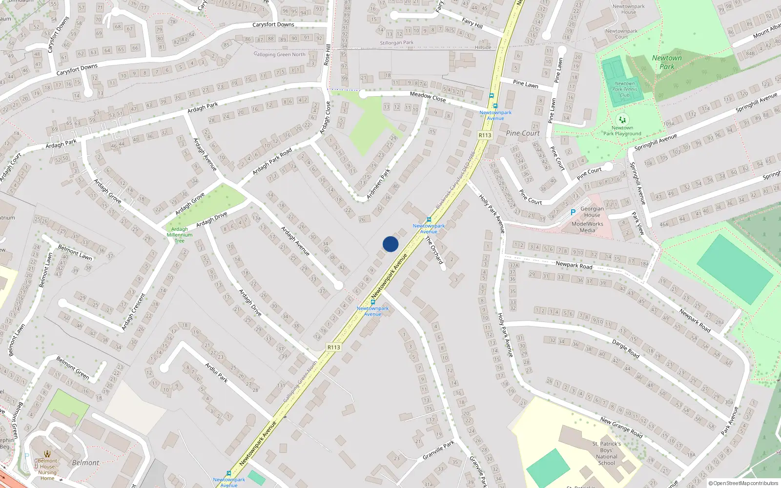 Overhead map showing the location of Galloping Green North, Dublin, Co. Dublin
