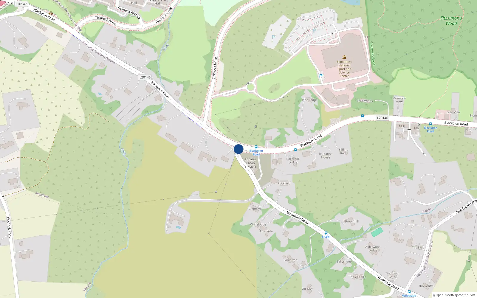 Overhead map showing the location of Woodside Road, Sandyford