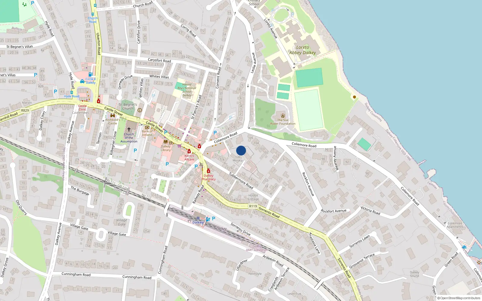 Overhead map showing the location of House 1, 106 Coliemore Road, Dalkey