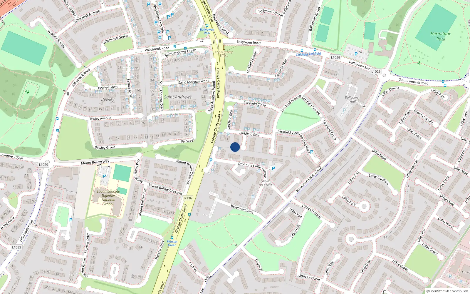 Overhead map showing the location of 8 Larkfield Court, Lucan