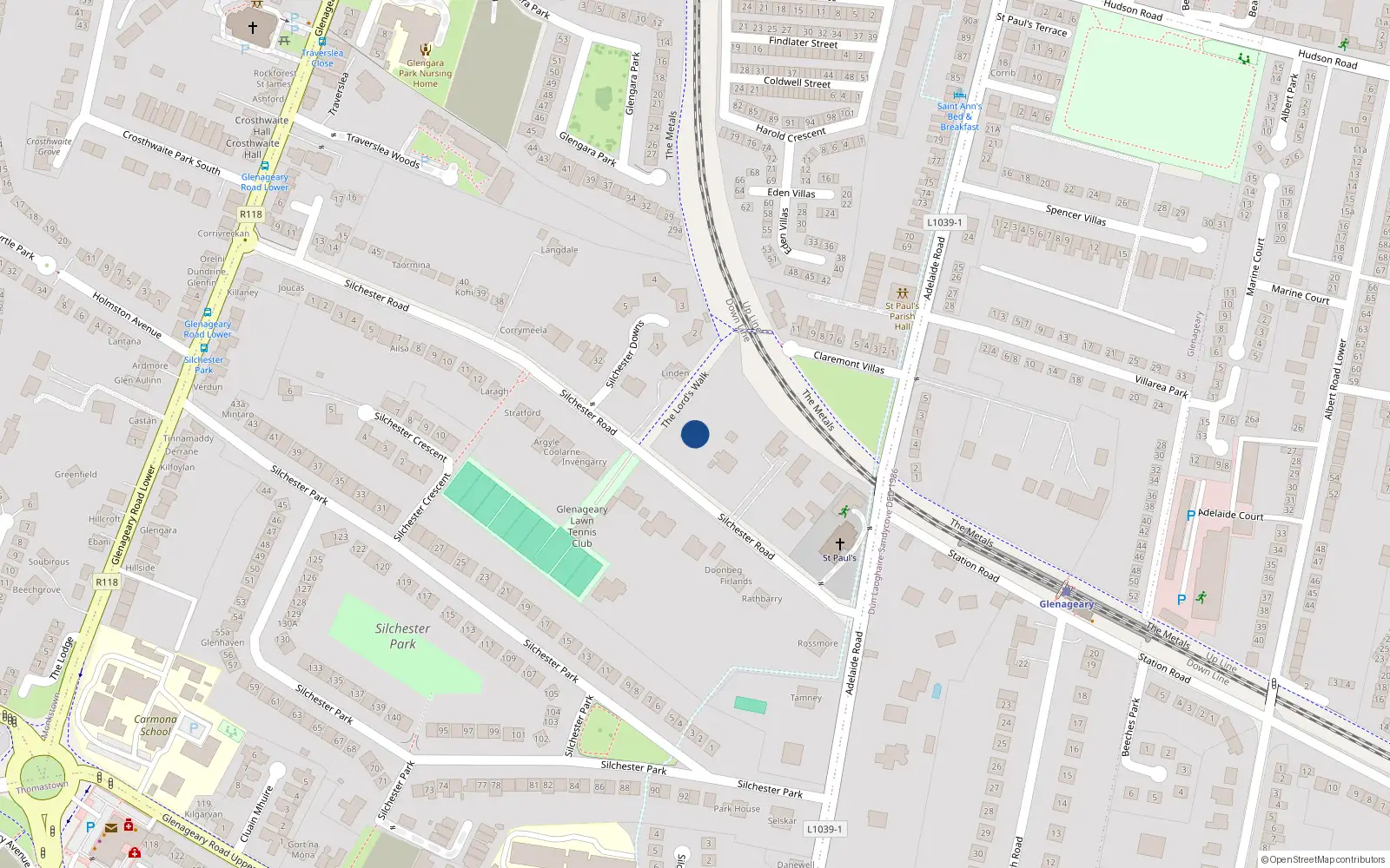 Overhead map showing the location of Silchester Road, Glenageary