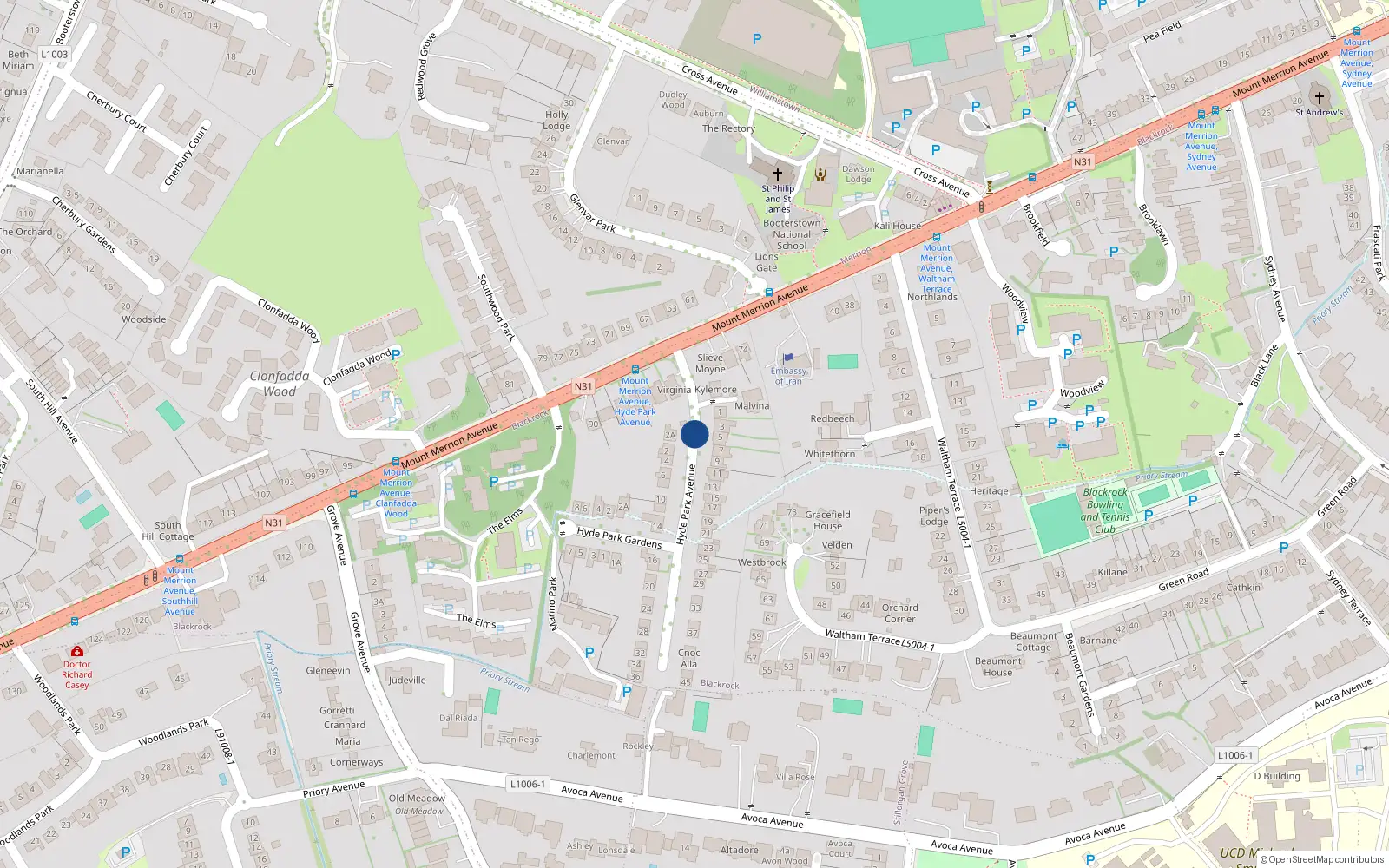 Overhead map showing the location of Hyde Park Avenue, Blackrock