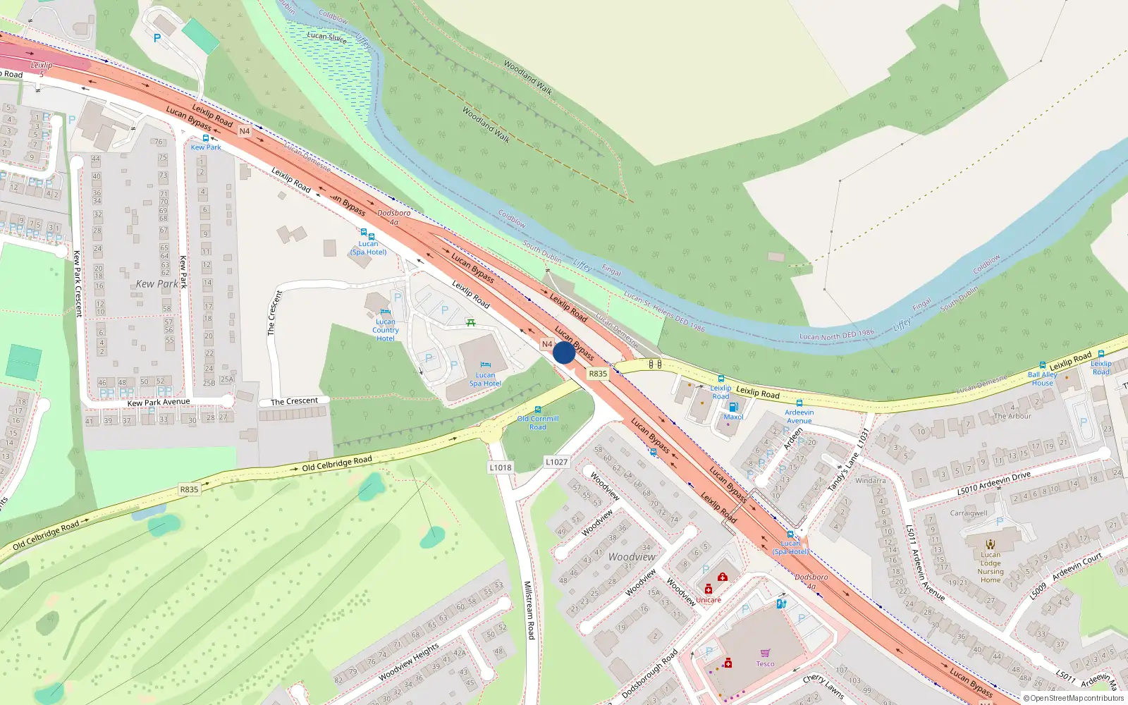 Overhead map showing the location of Lucan, Lucan Spa Hotel, Doddsborough, Lucan, Co. Dublin