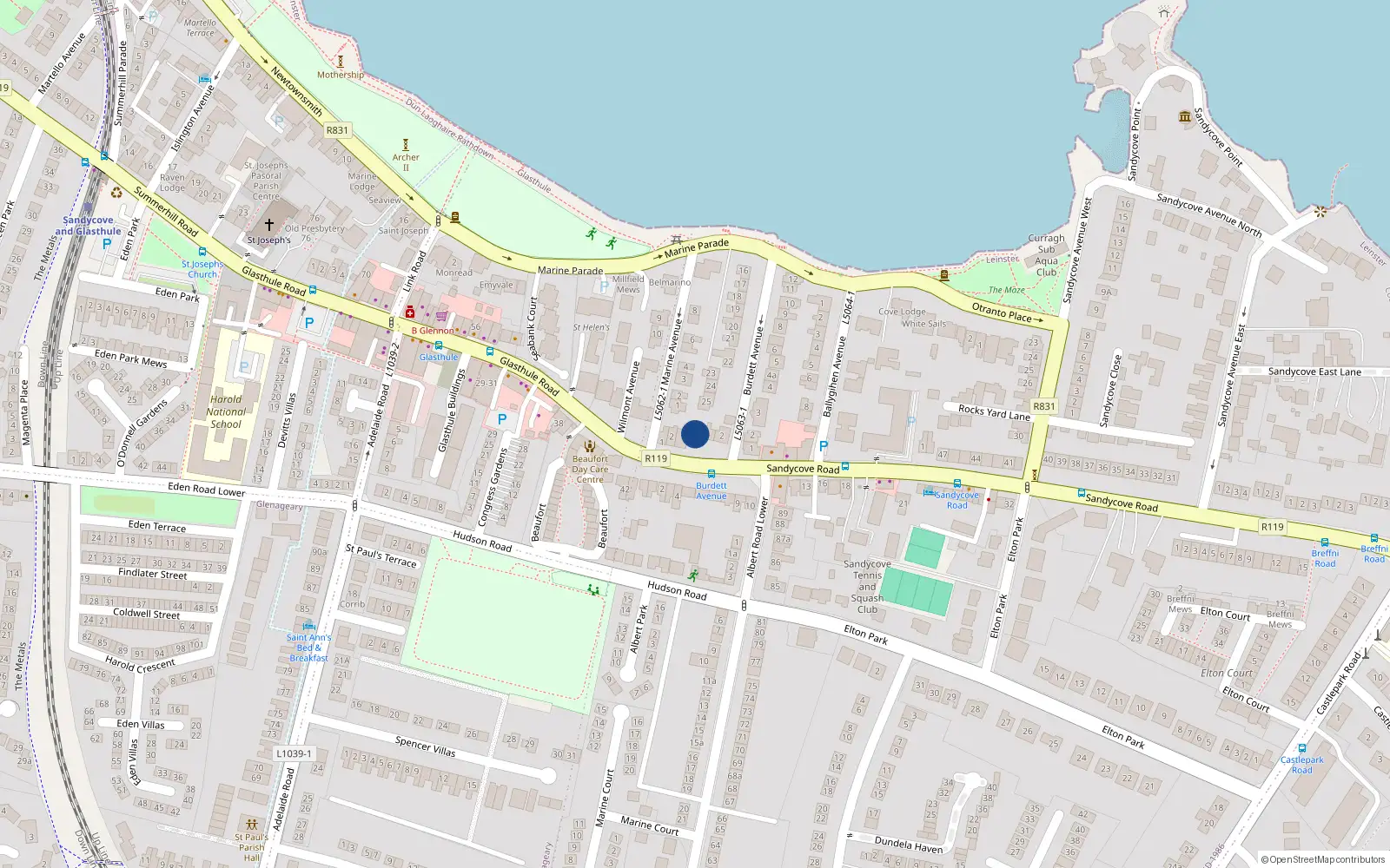 Overhead map showing the location of Sandycove Road, Sandycove