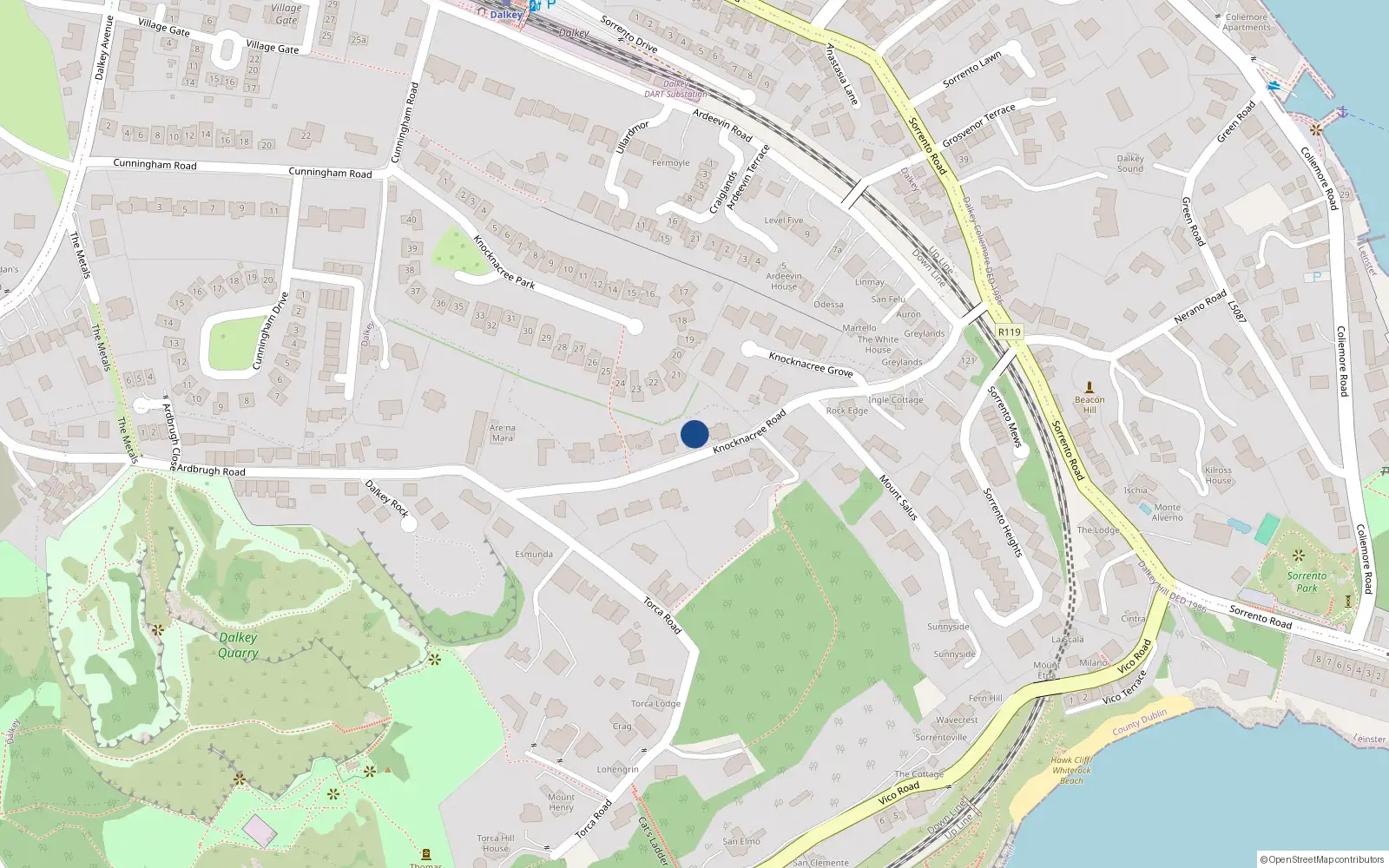 Overhead map showing the location of Knock-Na-Cree Road, Dalkey