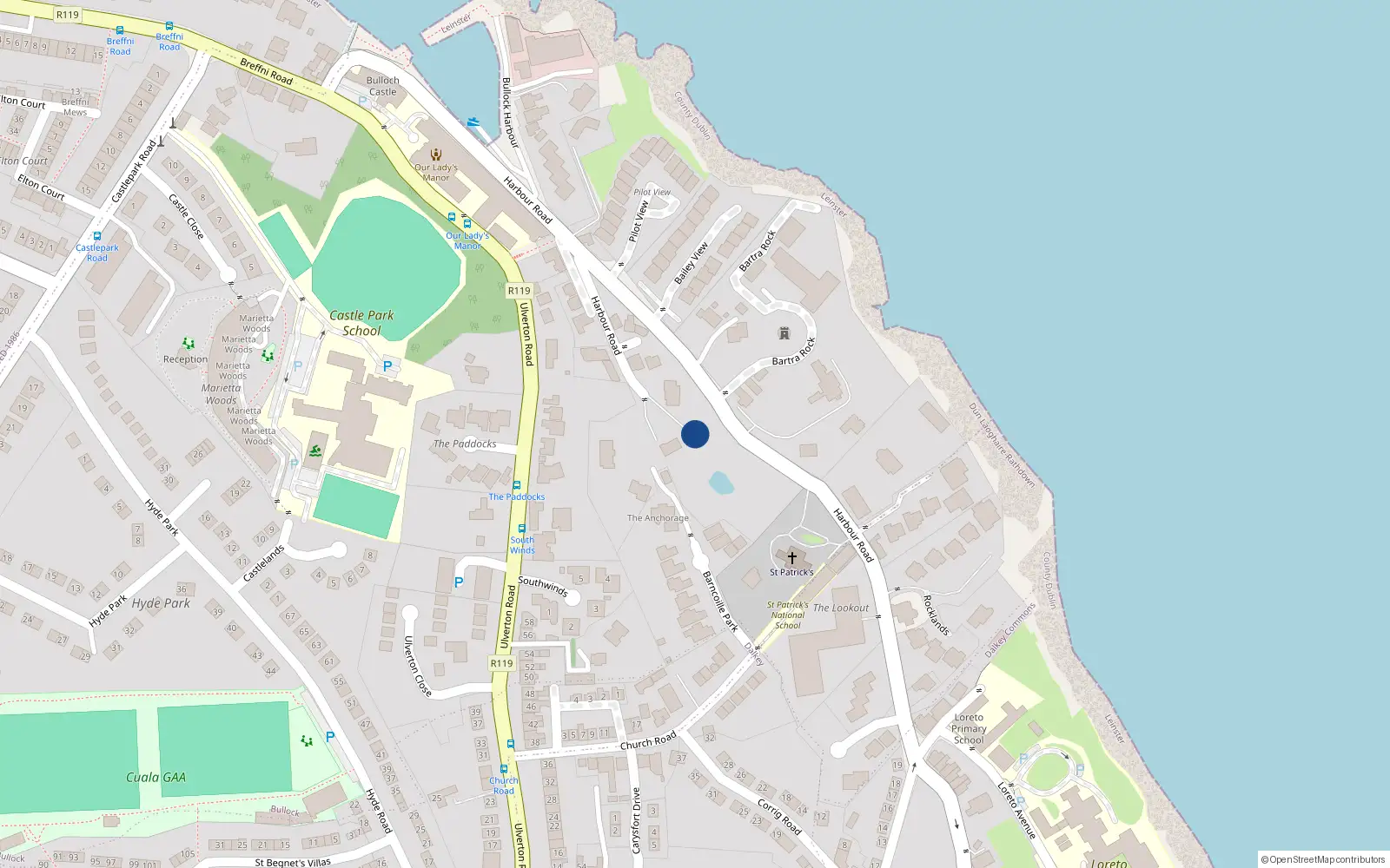 Overhead map showing the location of Bullock, Dublin, Co. Dublin