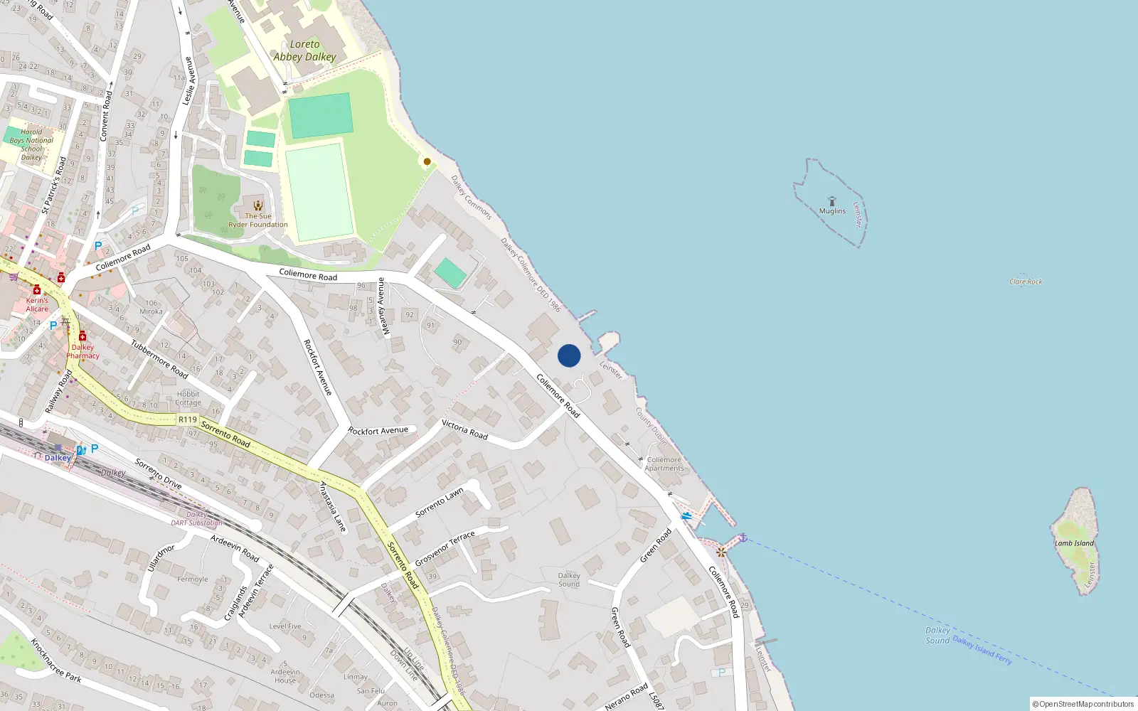 Overhead map showing the location of 24 Coliemore Villas, Dalkey