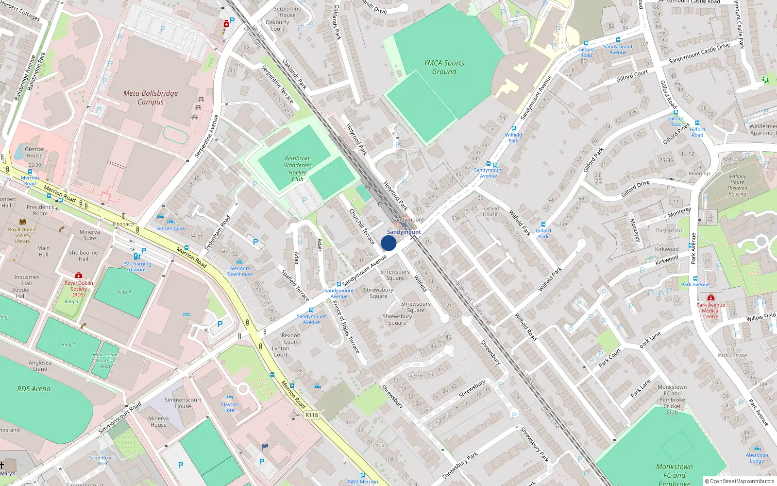 Overhead map showing the location of 24 Sandymount Avenue, Ballsbridge