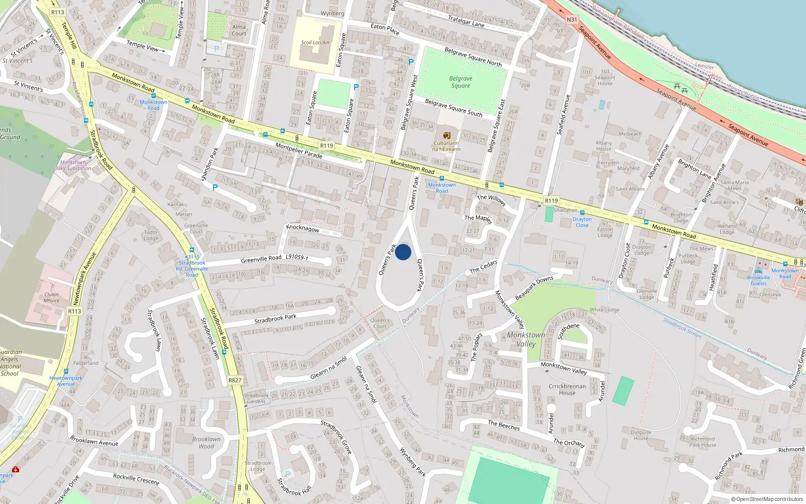 Overhead map showing the location of Queen's Park, Monkstown