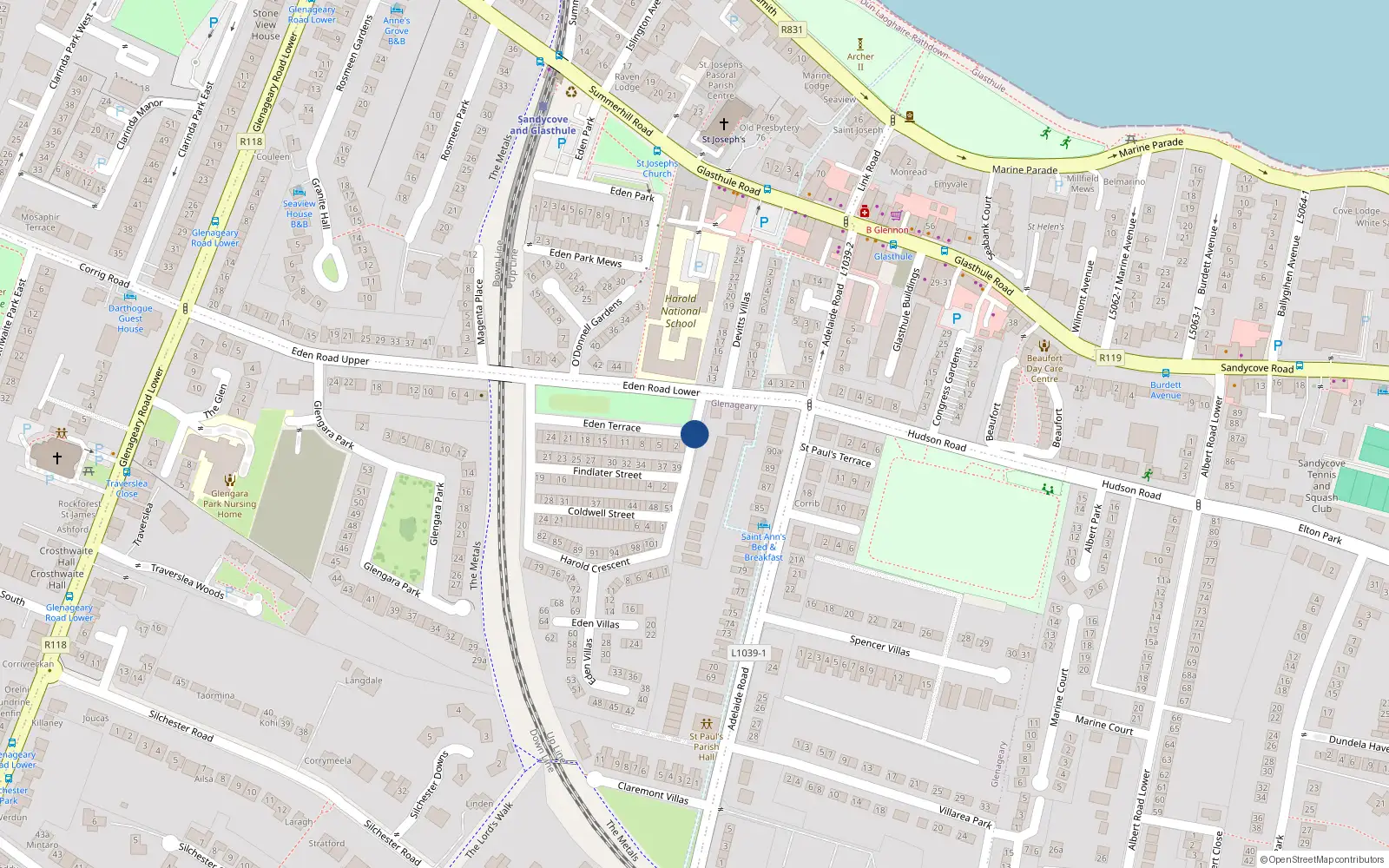 Overhead map showing the location of Harold Crescent, Glasthule