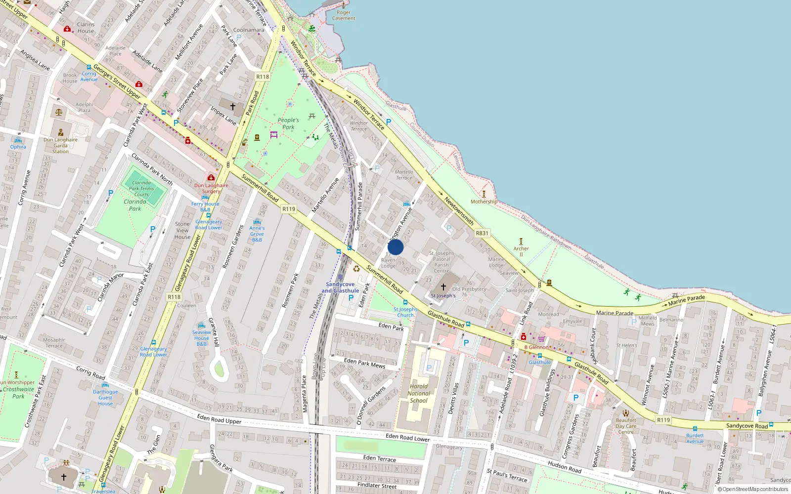 Overhead map showing the location of Islington Avenue, Sandycove