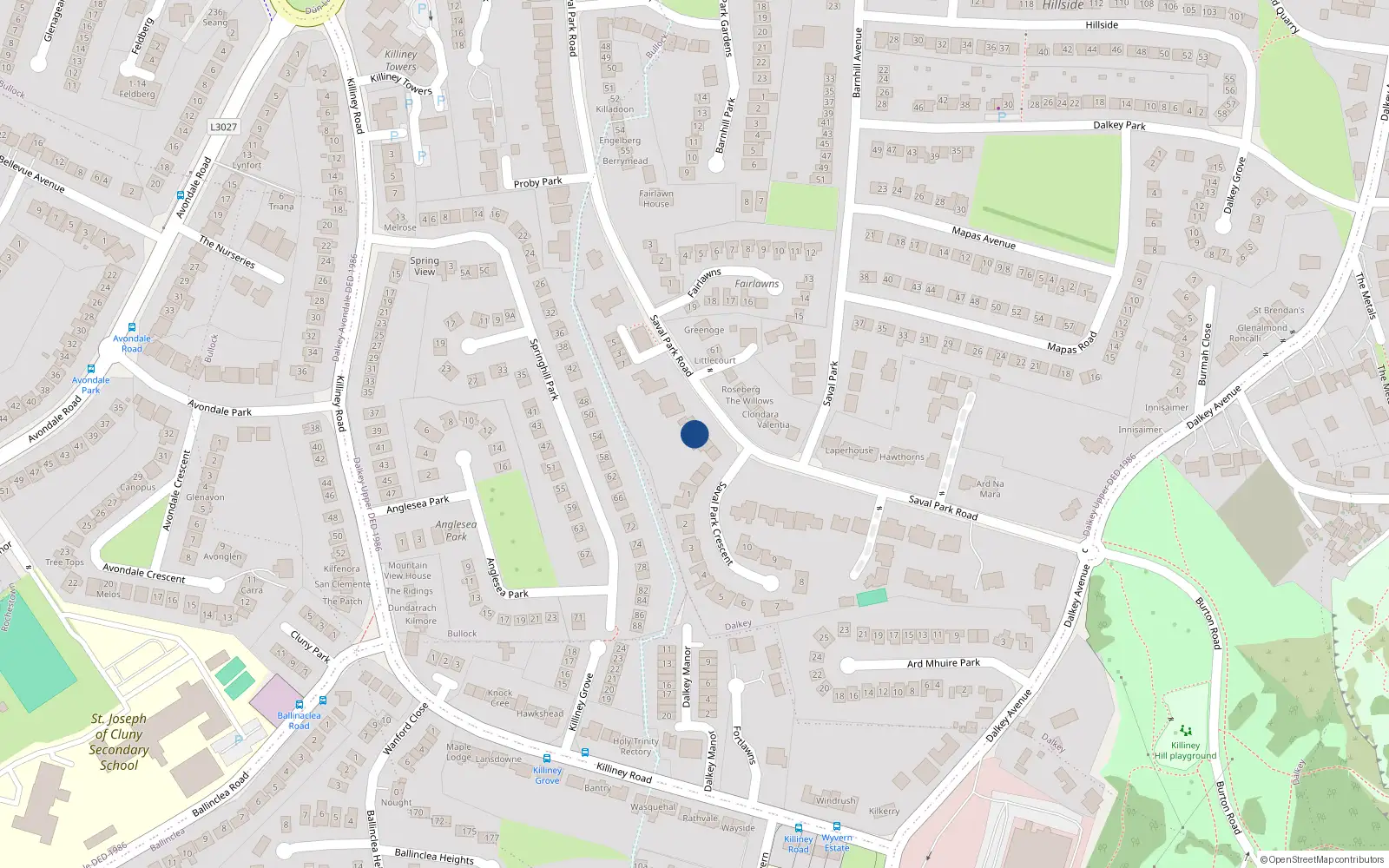Overhead map showing the location of 21 Saval Park Road, Dalkey