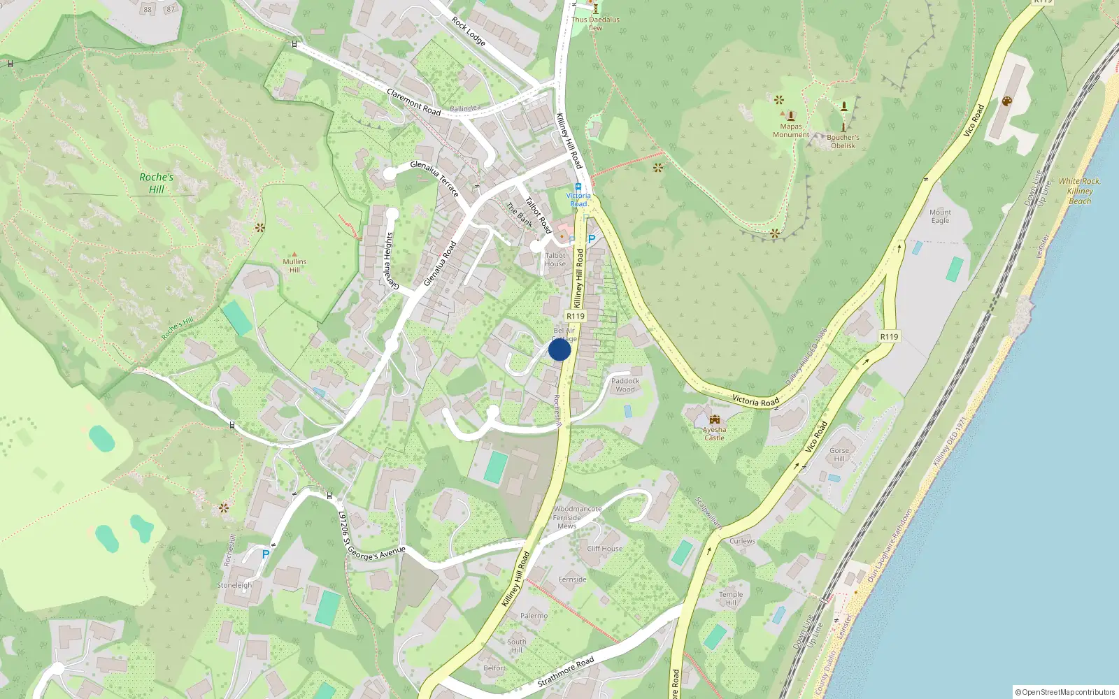 Overhead map showing the location of Killiney Hill Road, Killiney