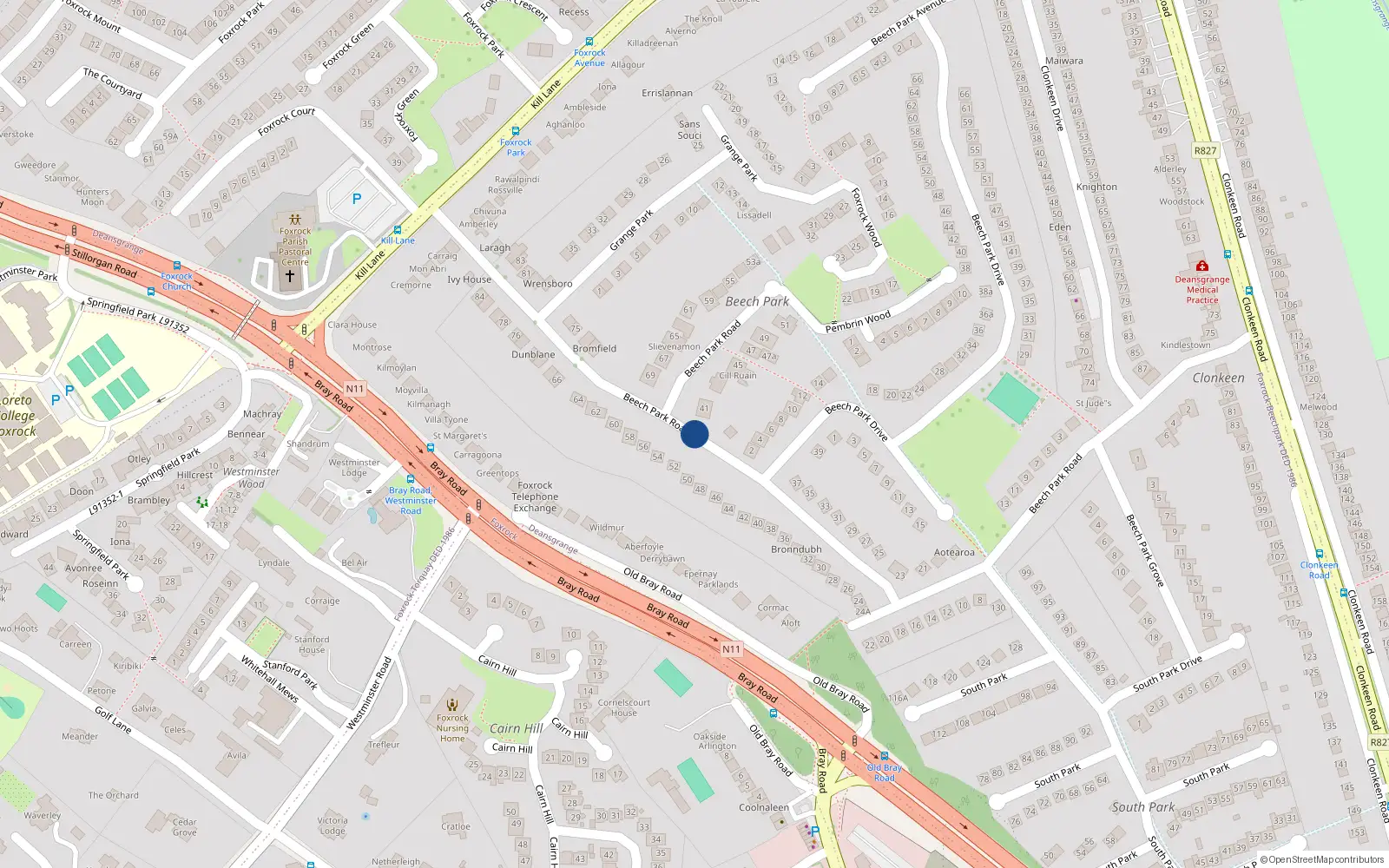Overhead map showing the location of Beech Park Road, Foxrock