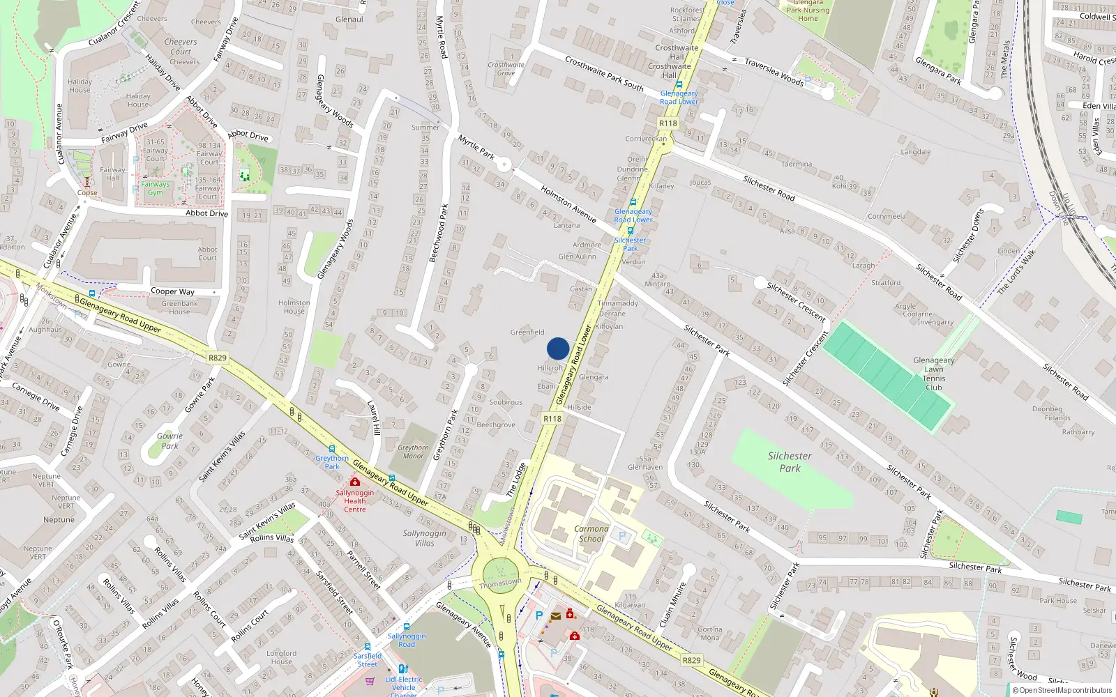Overhead map showing the location of Glenageary Road Lower, Glenageary
