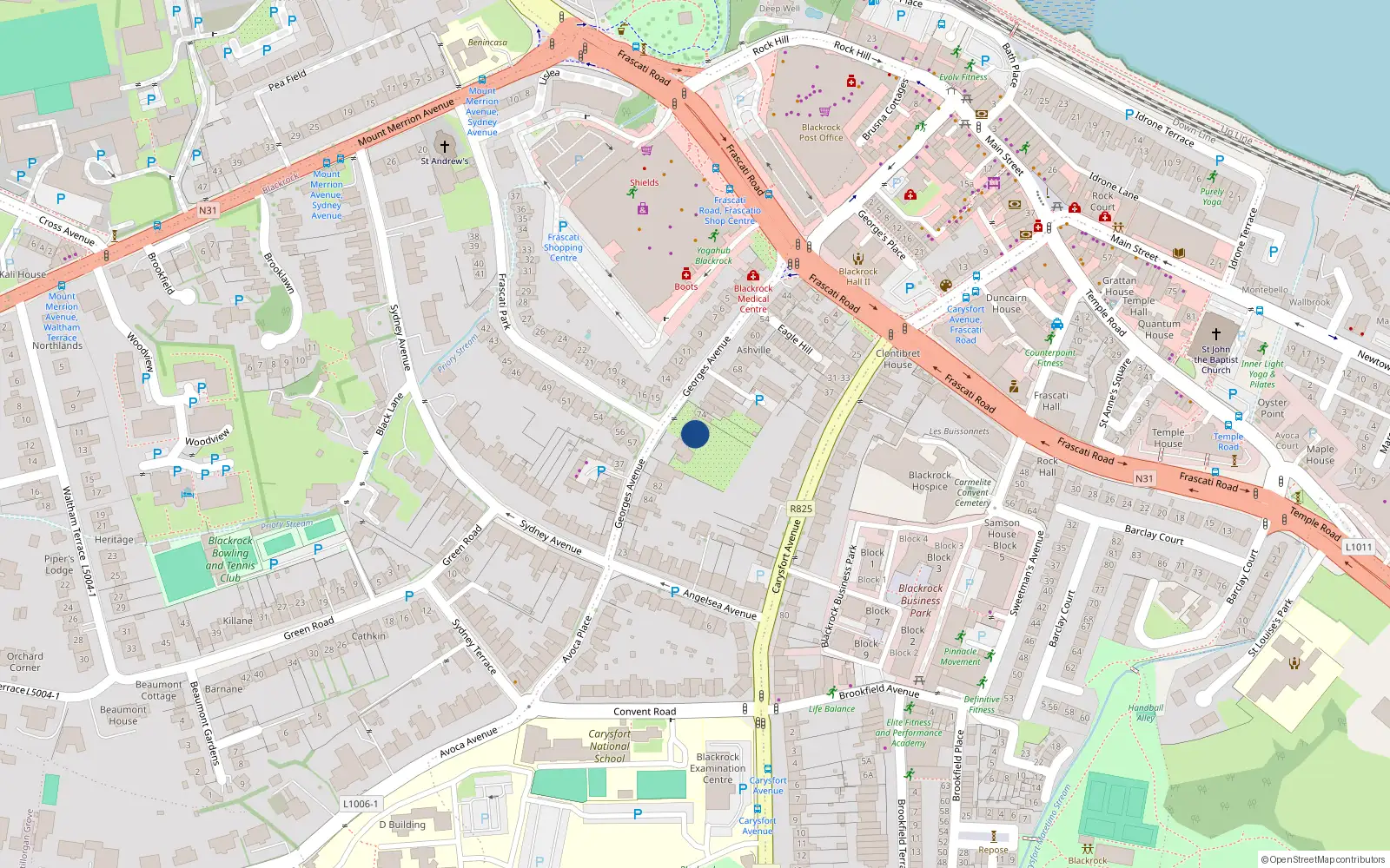 Overhead map showing the location of 76 George's Avenue, Blackrock