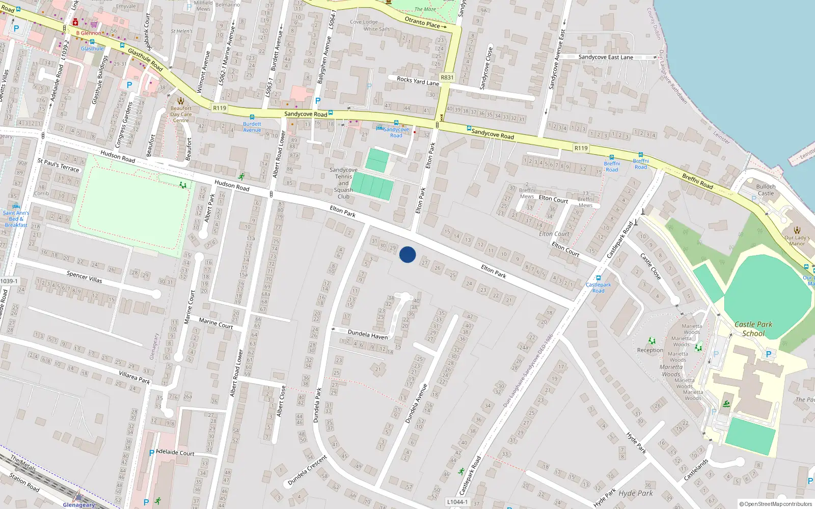 Overhead map showing the location of 28 Elton Park, Sandycove