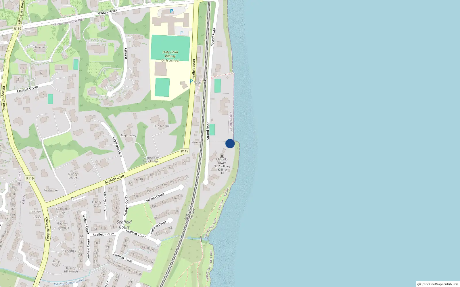 Overhead map showing the location of 11 Strand Road, Killiney