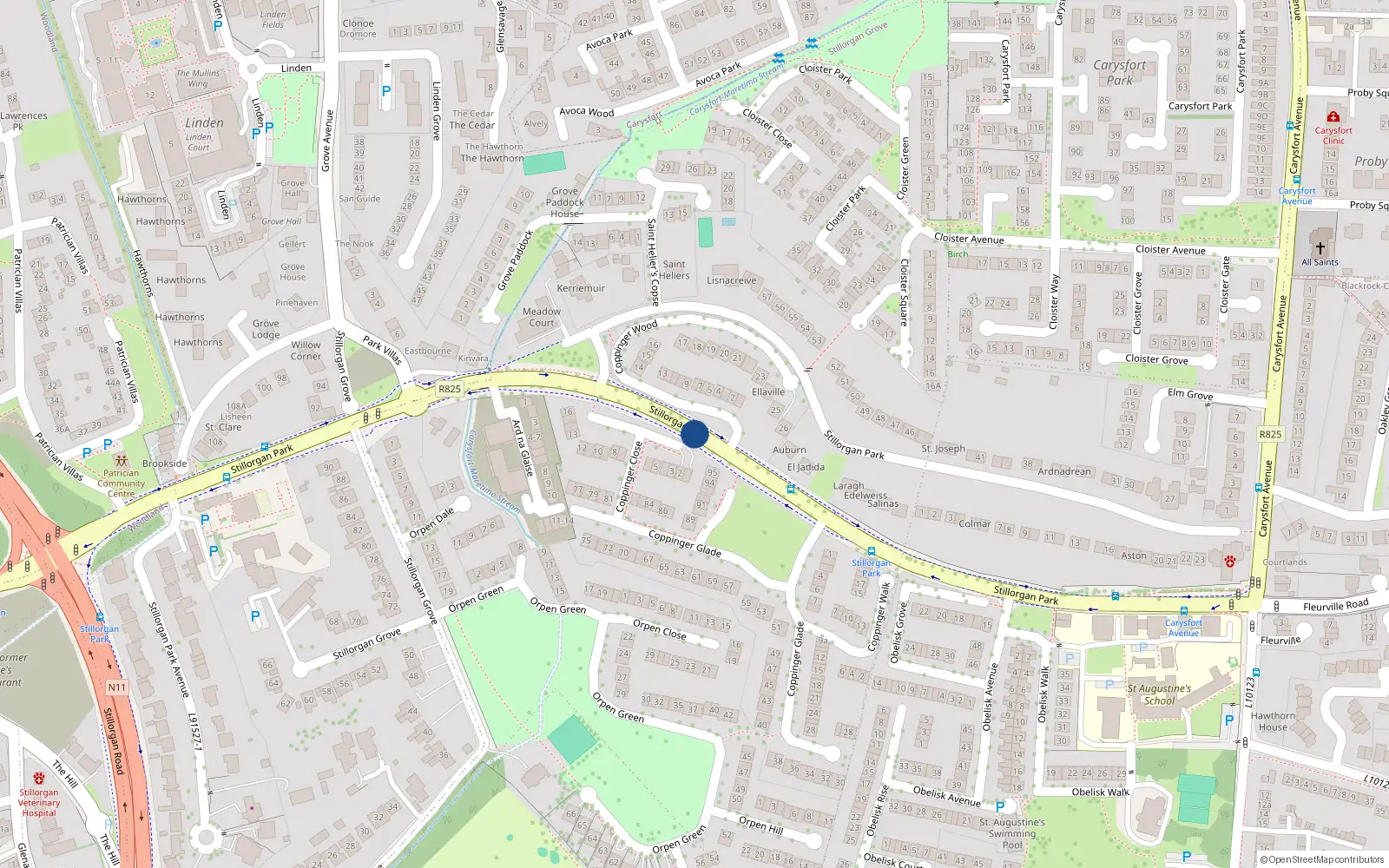 Overhead map showing the location of Stillorgan Park Road, Blackrock