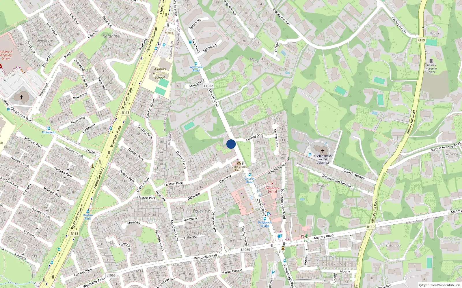Overhead map showing the location of 37 Church Road, Killiney