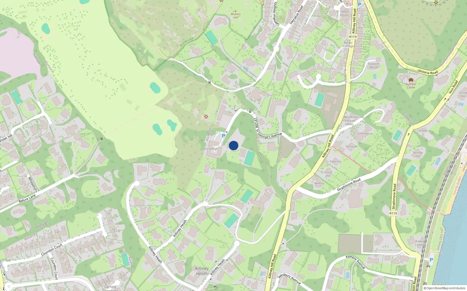 Overhead map showing the location of Kenah Hill, St Georges Avenue, Killiney