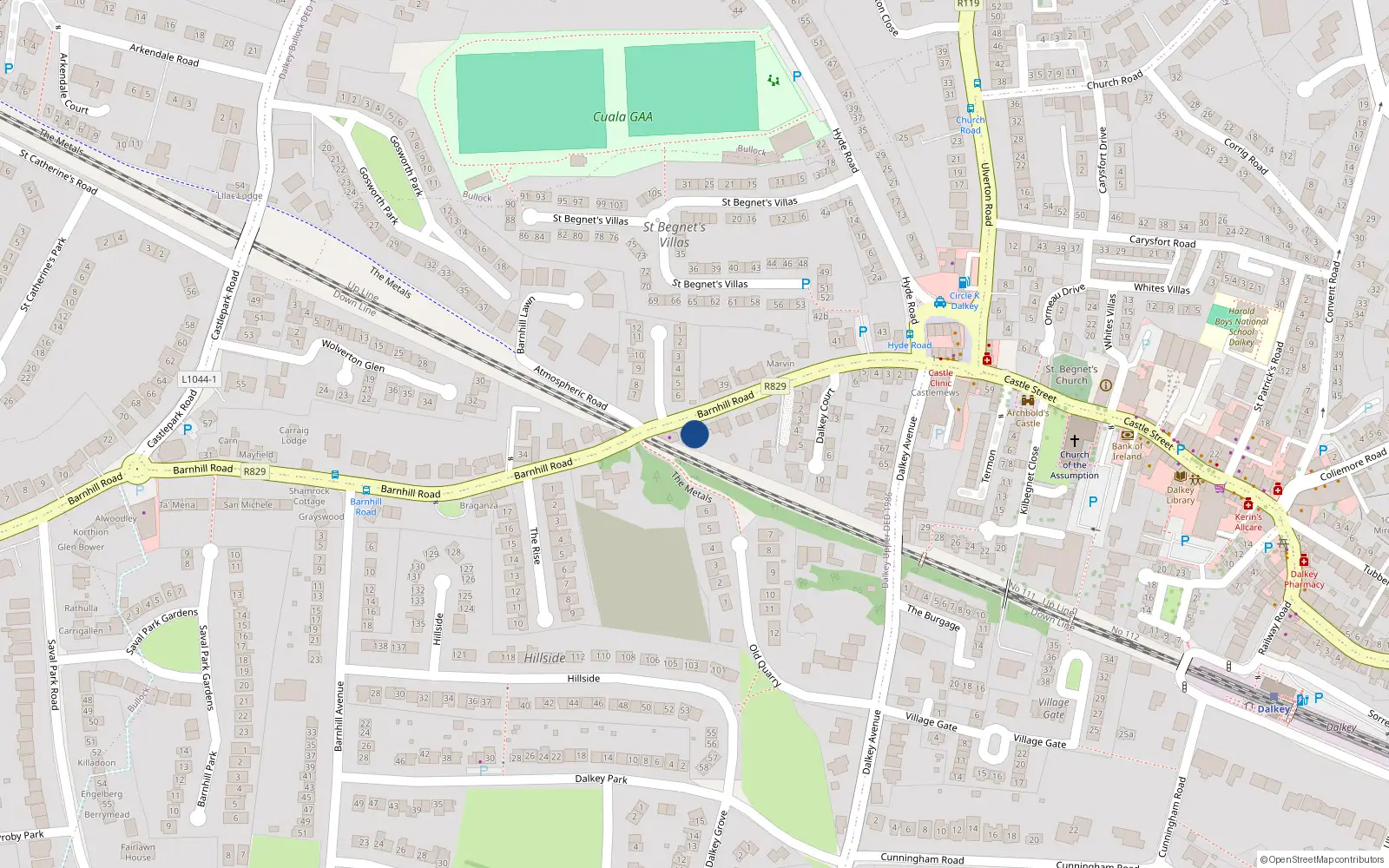 Overhead map showing the location of Barnhill Road, Dalkey